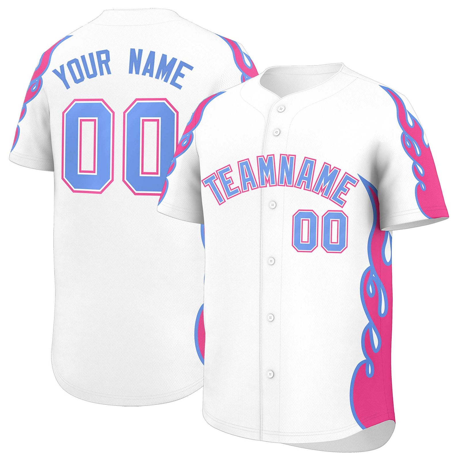 Custom White Pink Side Flame Outline Pattern Sports Uniform Basetball Jersey