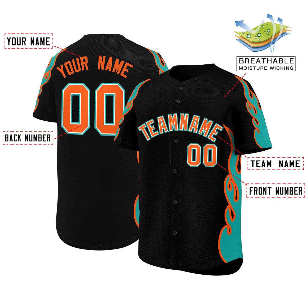 Custom Black Aqua Side Flame Outline Pattern Sports Uniform Basetball Jersey