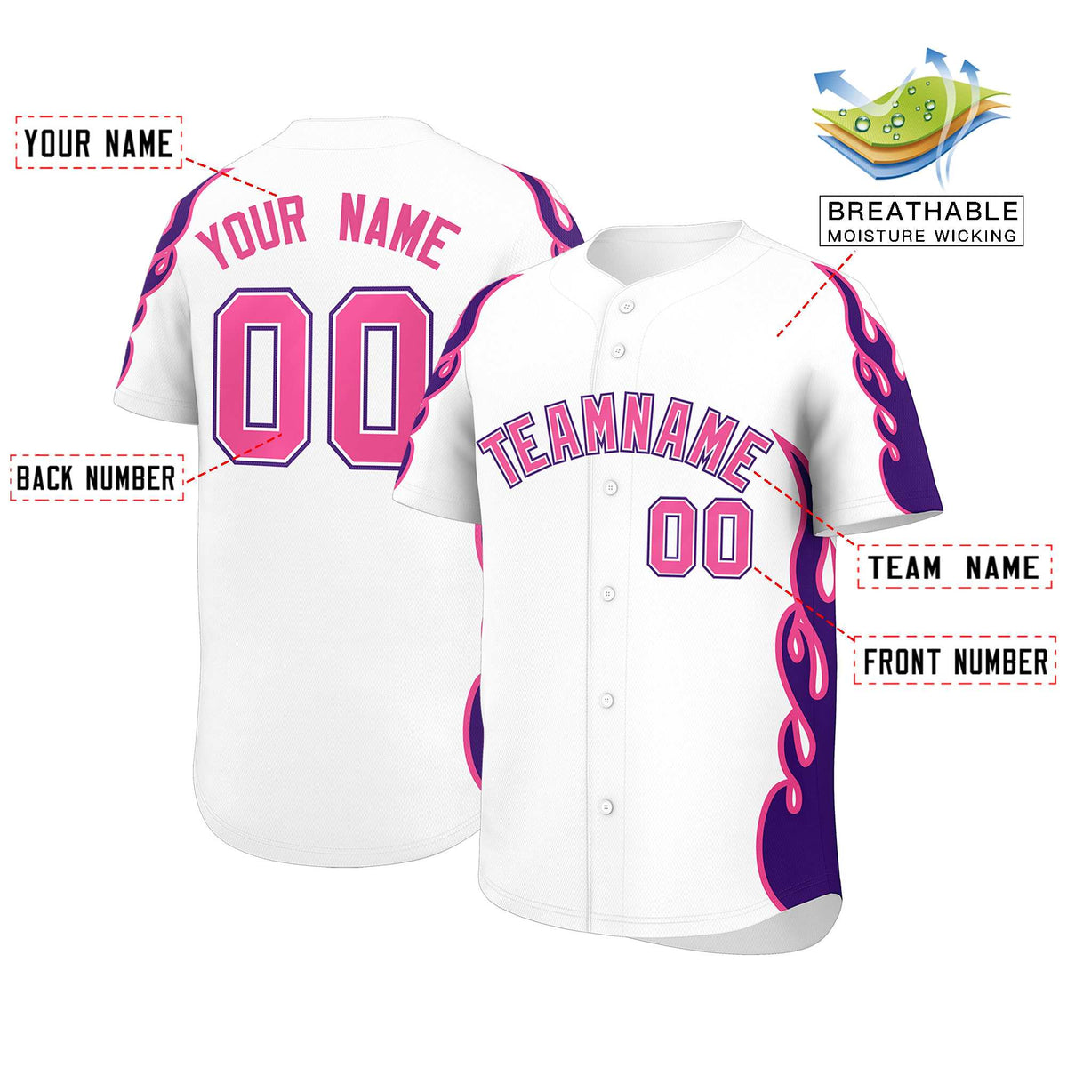 Custom White Purple Side Flame Outline Pattern Sports Uniform Basetball Jersey