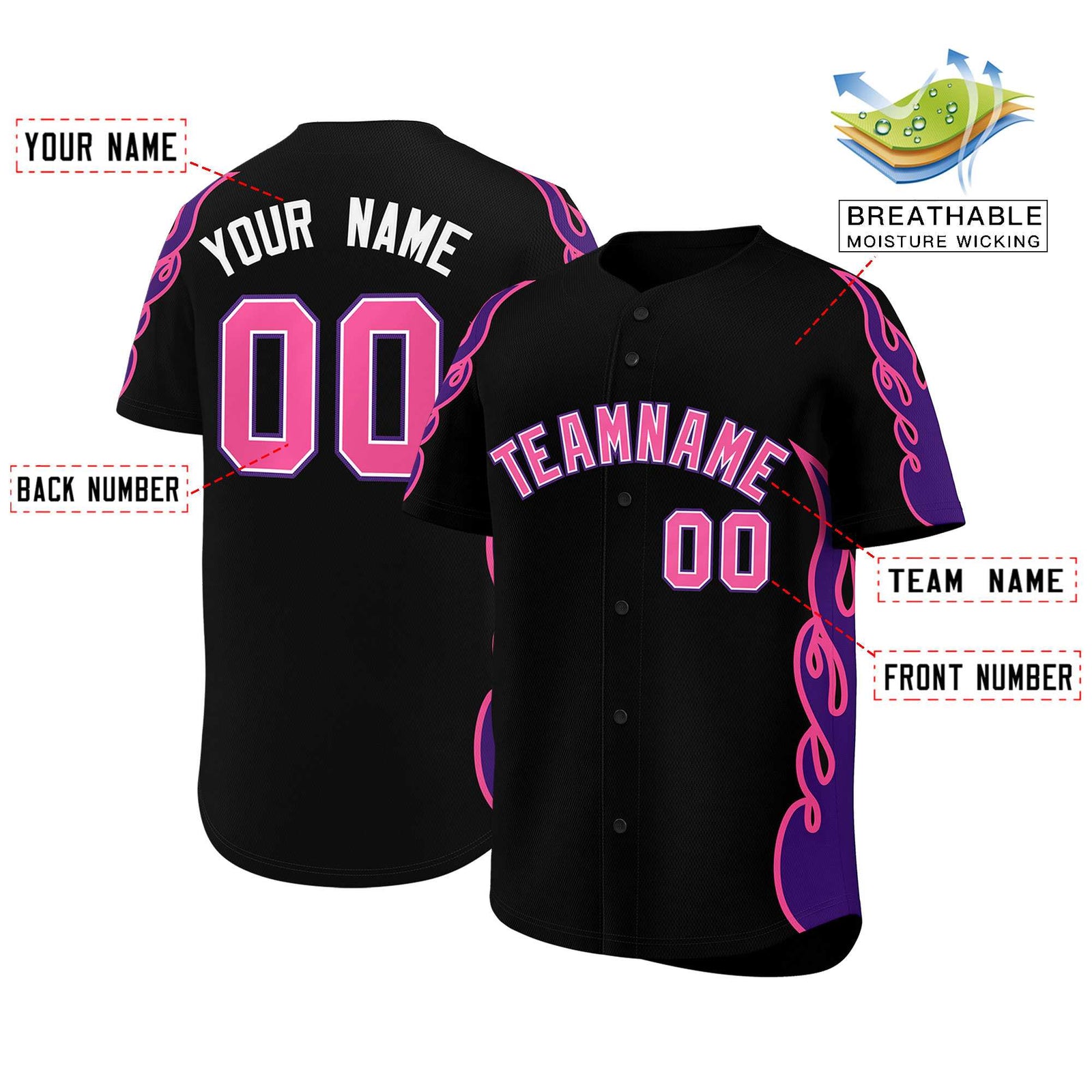 Custom Black Purple Side Flame Outline Pattern Sports Uniform Basetball Jersey