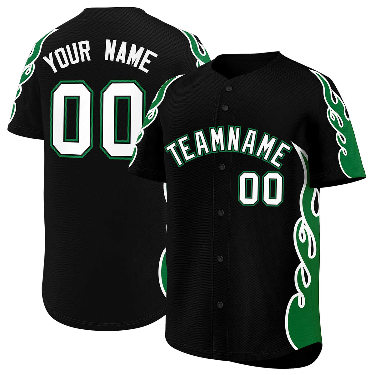 Custom Black Kelly Green Side Flame Outline Pattern Sports Uniform Basetball Jersey