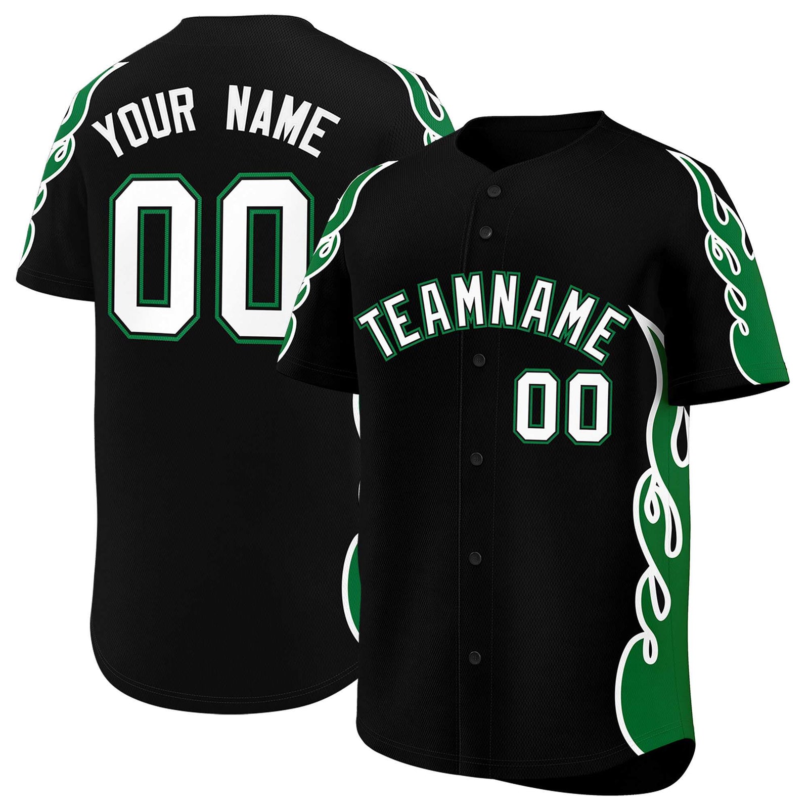 Custom Black Kelly Green Side Flame Outline Pattern Sports Uniform Basetball Jersey