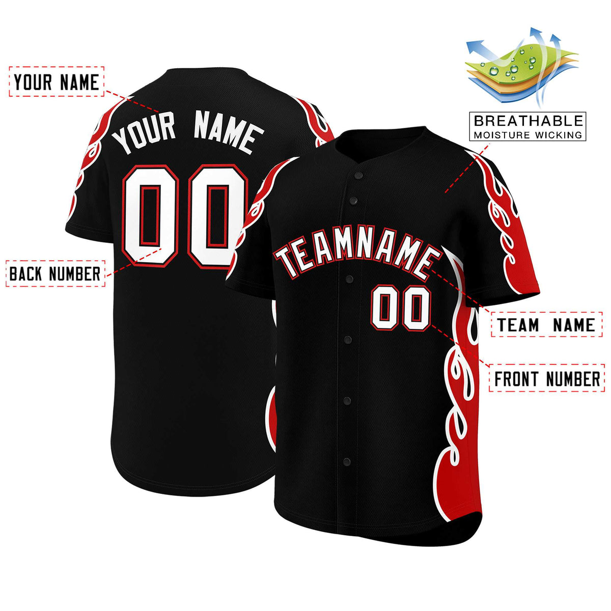 Custom Black Red Side Flame Outline Pattern Sports Uniform Basetball Jersey