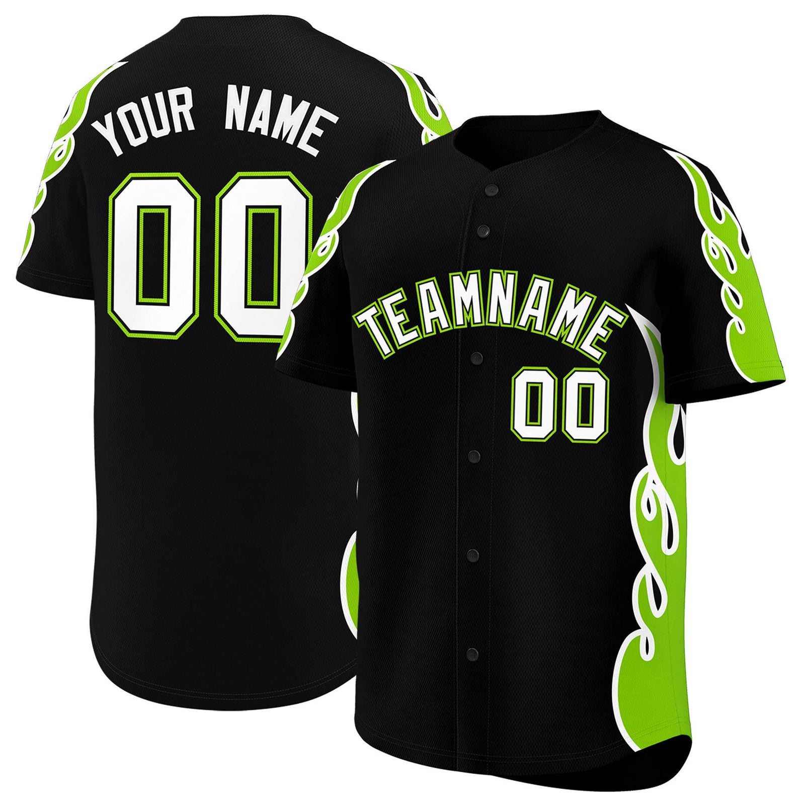 Custom Black Neon Green Side Flame Outline Pattern Sports Uniform Basetball Jersey