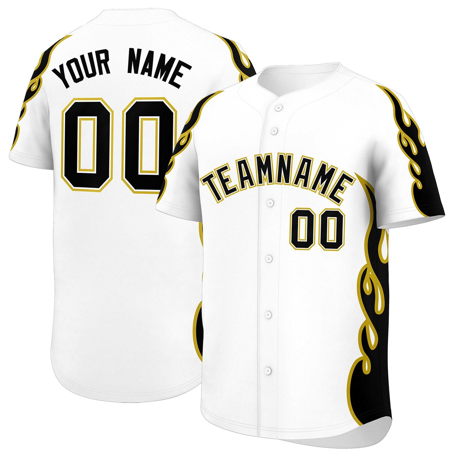Custom White Old Gold Side Flame Outline Pattern Sports Uniform Basetball Jersey