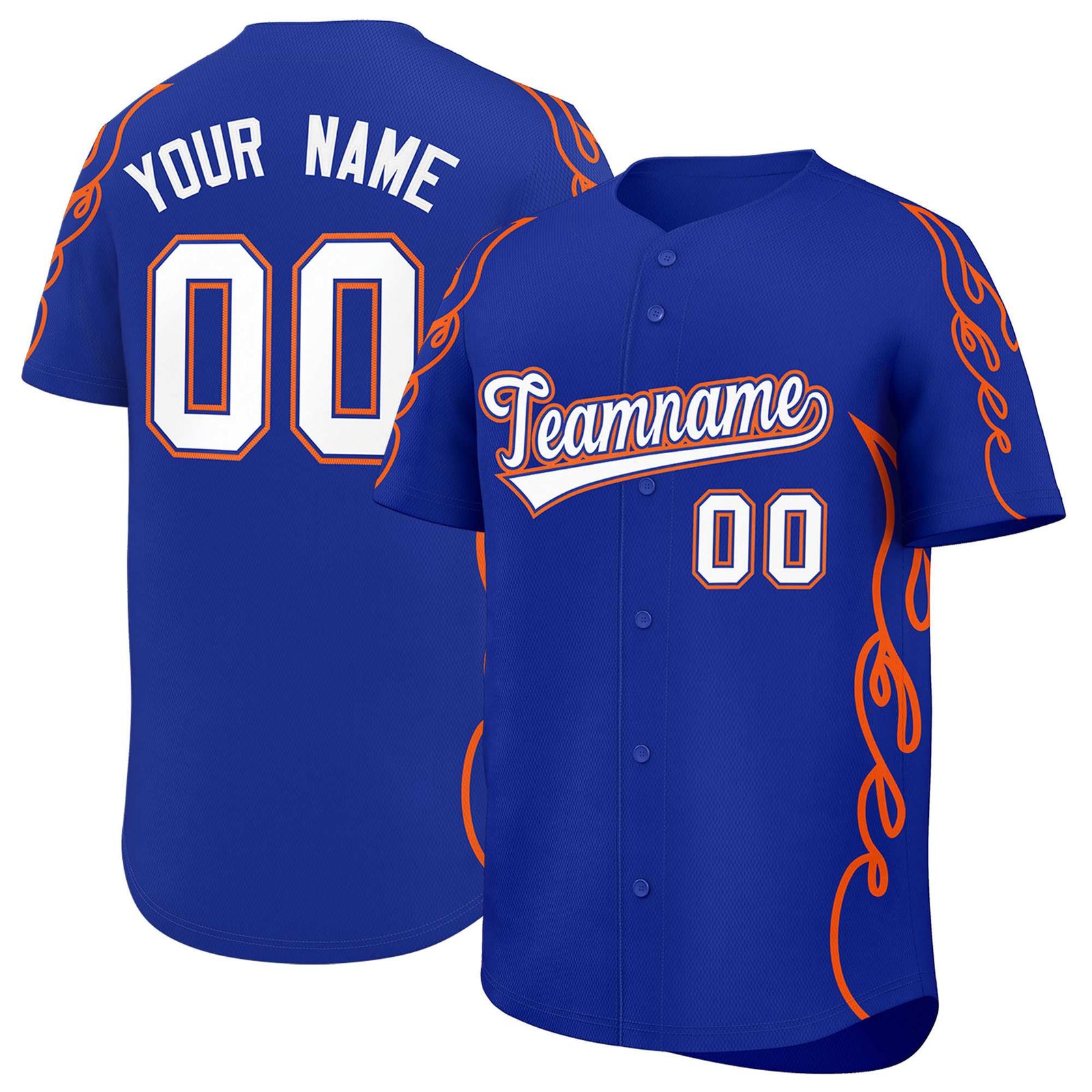 Custom Royal Orange Side Flame Outline Pattern Sports Uniform Basetball Jersey