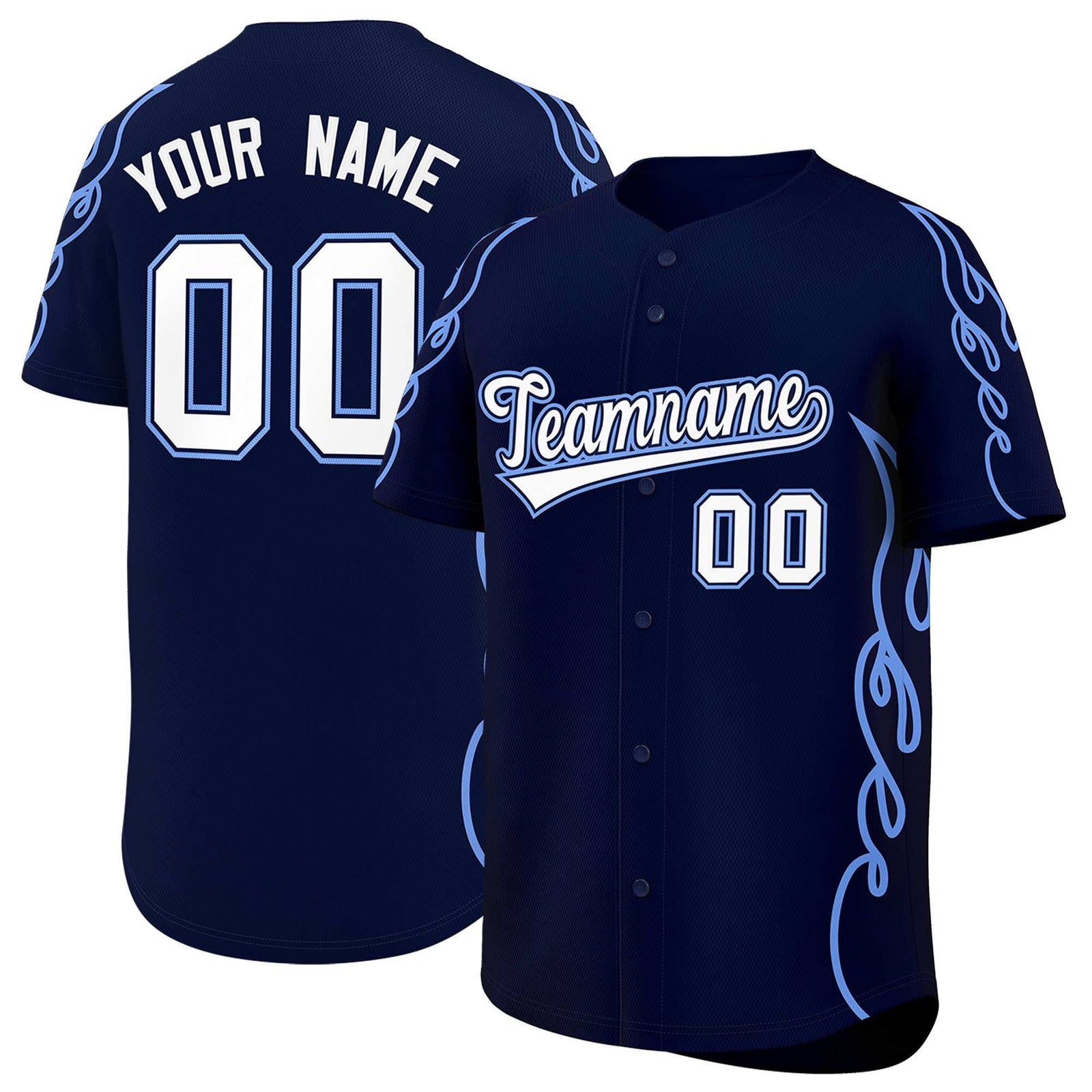 Custom Navy Light Blue Side Flame Outline Pattern Sports Uniform Basetball Jersey