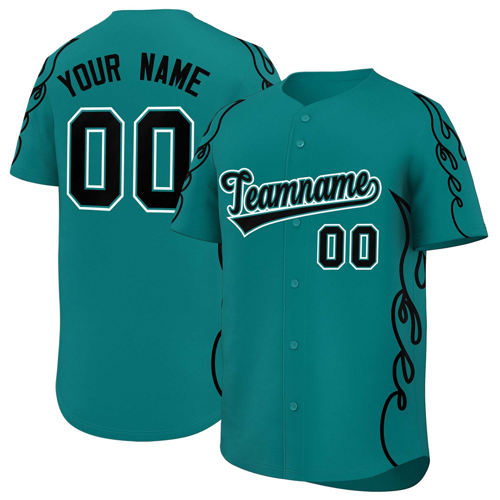 Custom Teal Black Side Flame Outline Pattern Sports Uniform Basetball Jersey