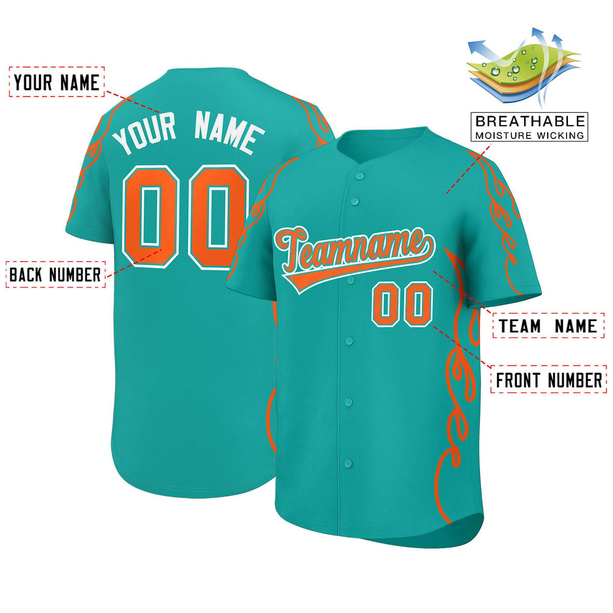 Custom Aqua Orange Side Flame Outline Pattern Sports Uniform Basetball Jersey