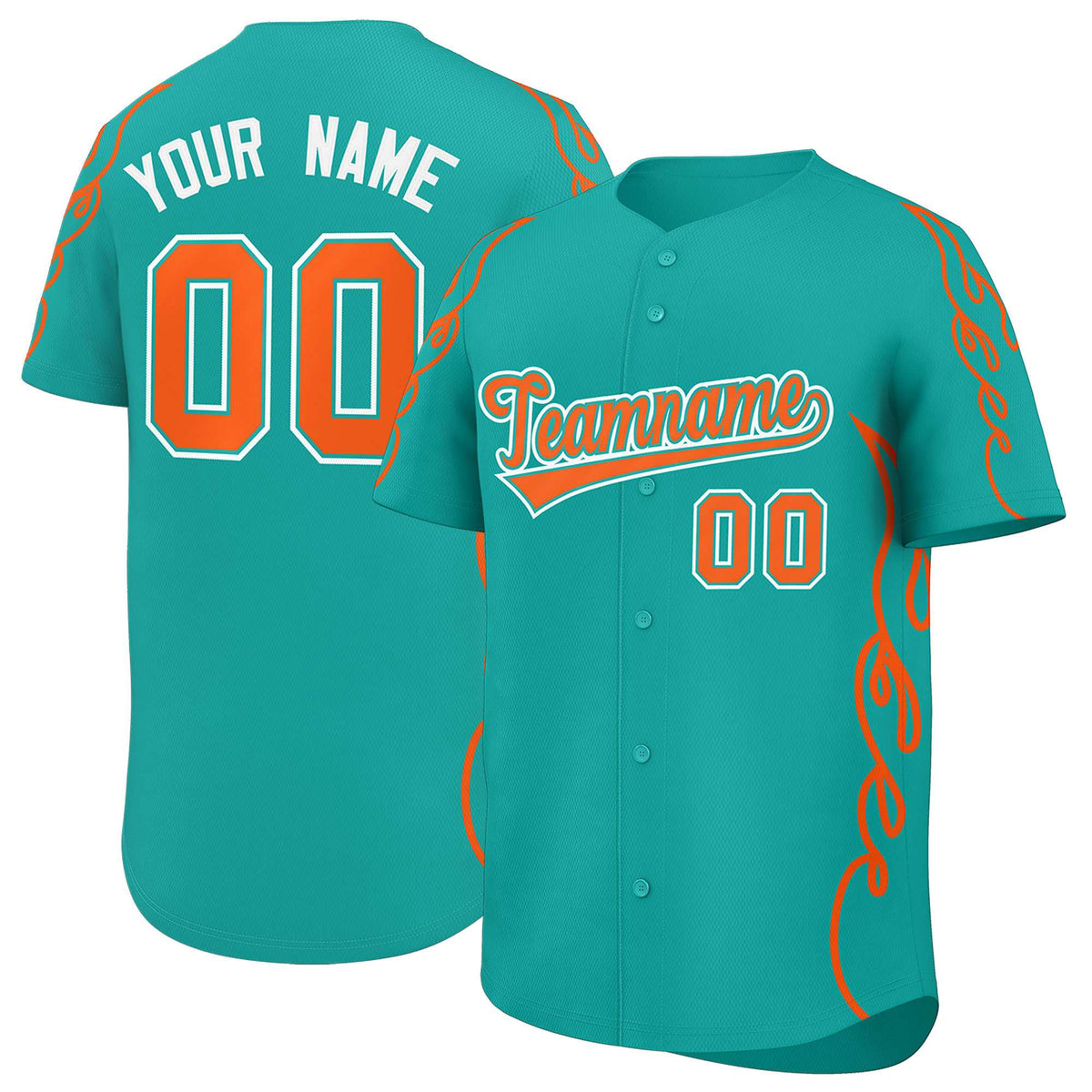 Custom Aqua Orange Side Flame Outline Pattern Sports Uniform Basetball Jersey