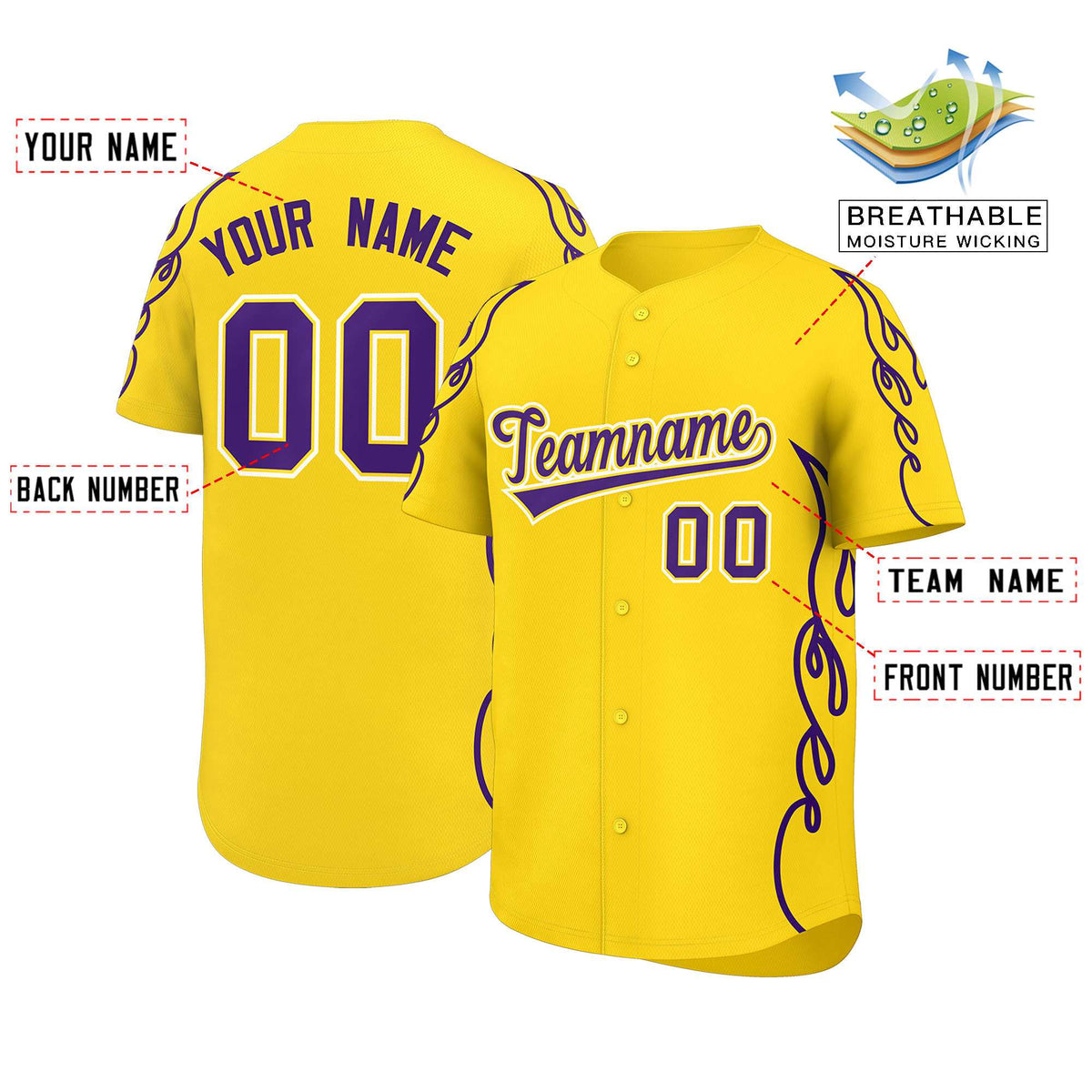 Custom Gold Purple Side Flame Outline Pattern Sports Uniform Basetball Jersey