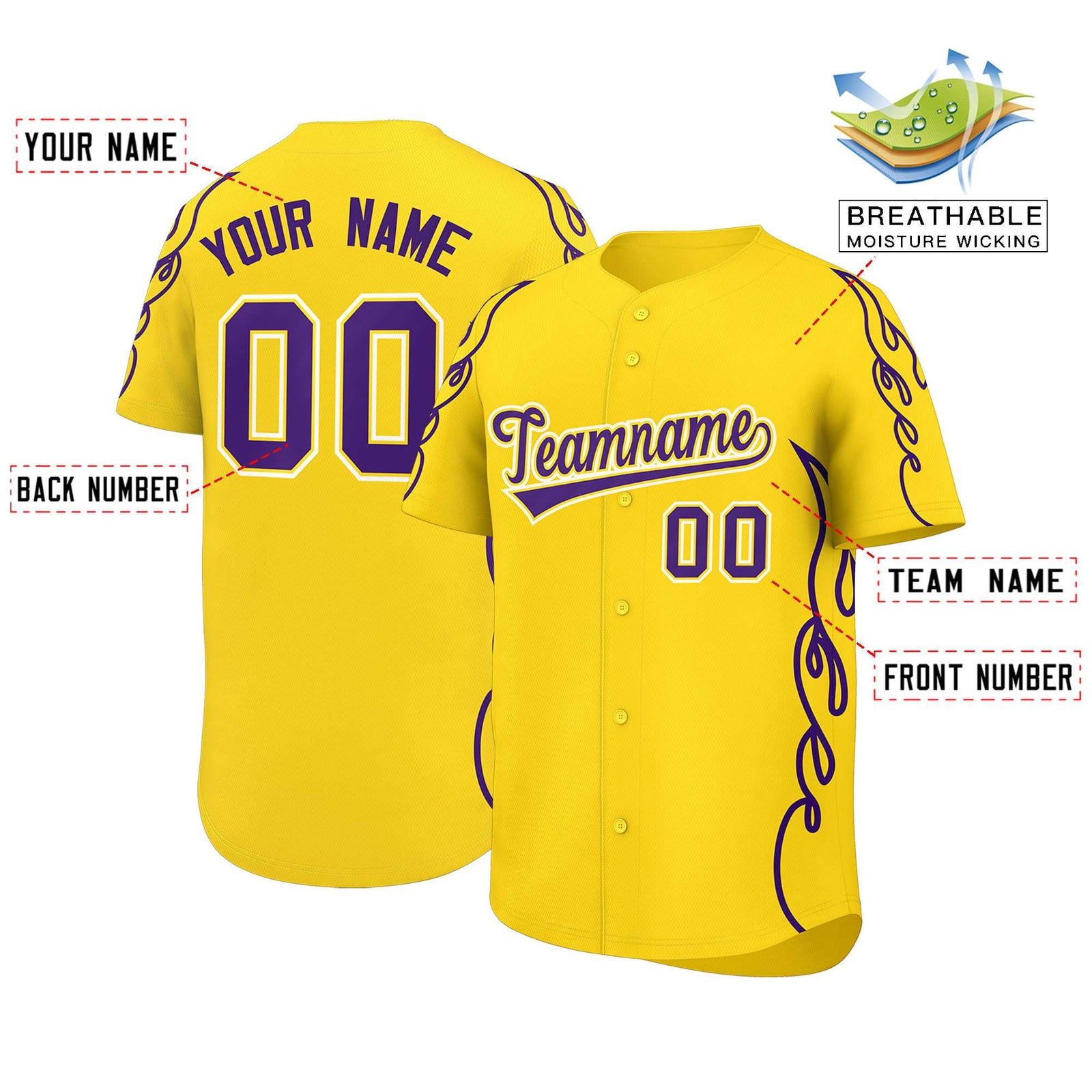 Custom Gold Purple Side Flame Outline Pattern Sports Uniform Basetball Jersey