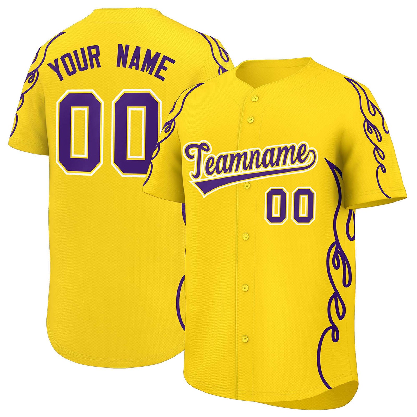 Custom Gold Purple Side Flame Outline Pattern Sports Uniform Basetball Jersey