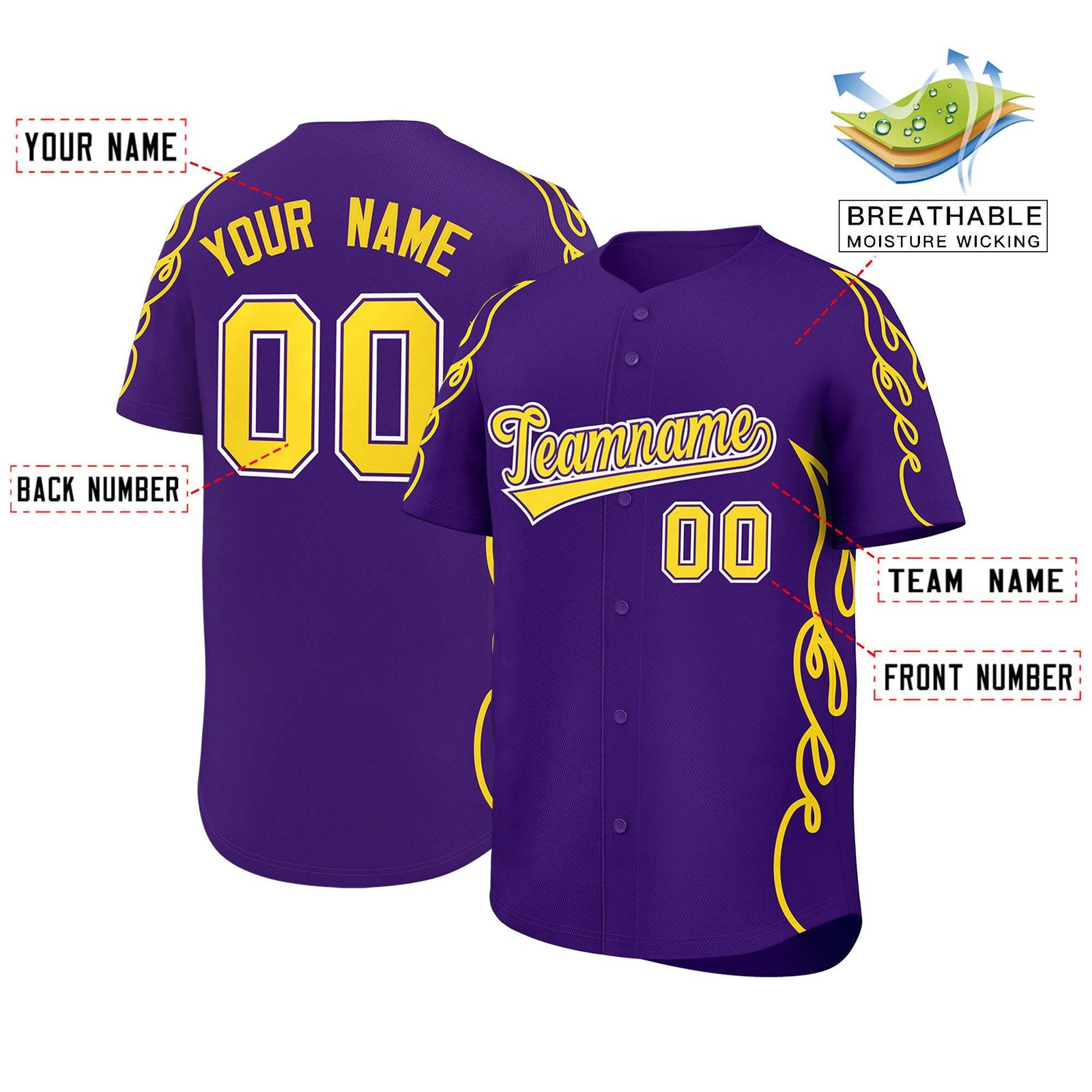 Custom Purple Gold Side Flame Outline Pattern Sports Uniform Basetball Jersey