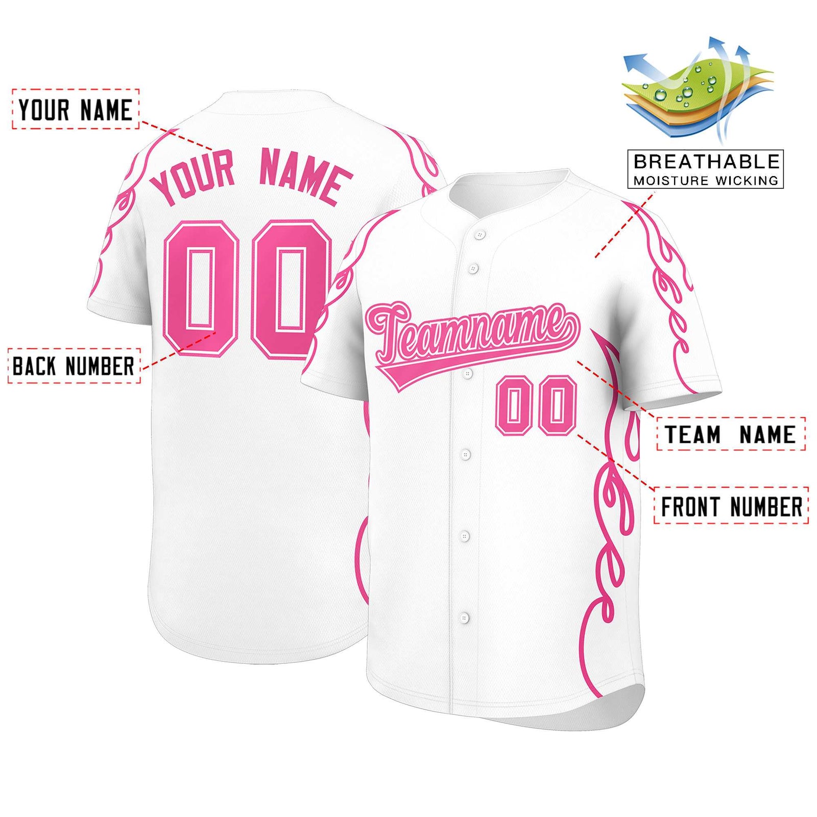 Custom White Pink Side Flame Outline Pattern Sports Uniform Basetball Jersey