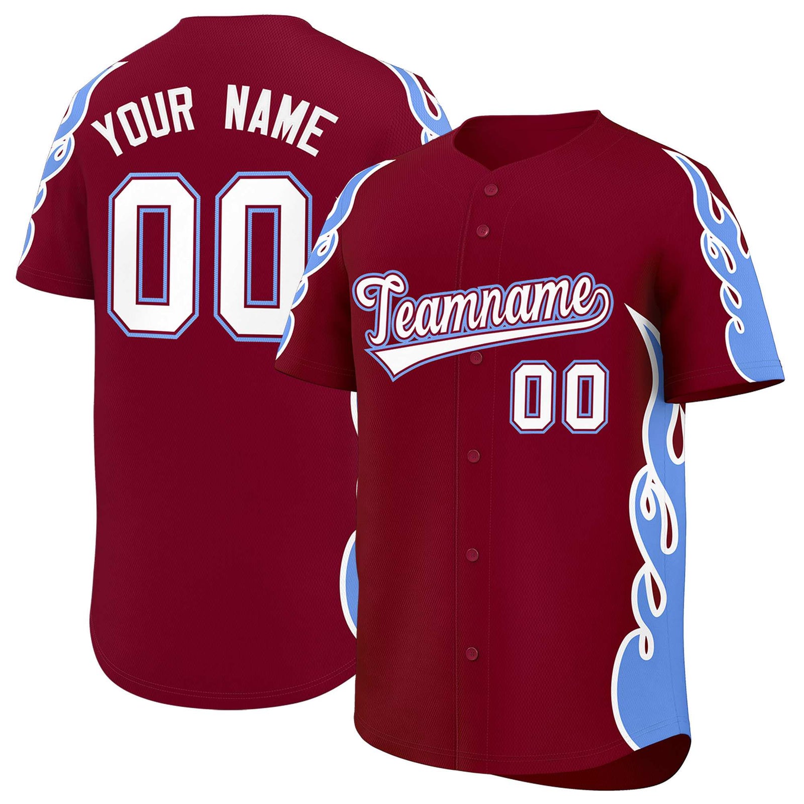 Custom Crimson Light Blue Side Flame Outline Pattern Sports Uniform Basetball Jersey