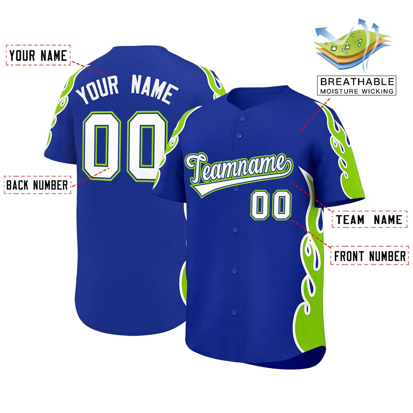 Custom Royal Neon Green Side Flame Outline Pattern Sports Uniform Basetball Jersey