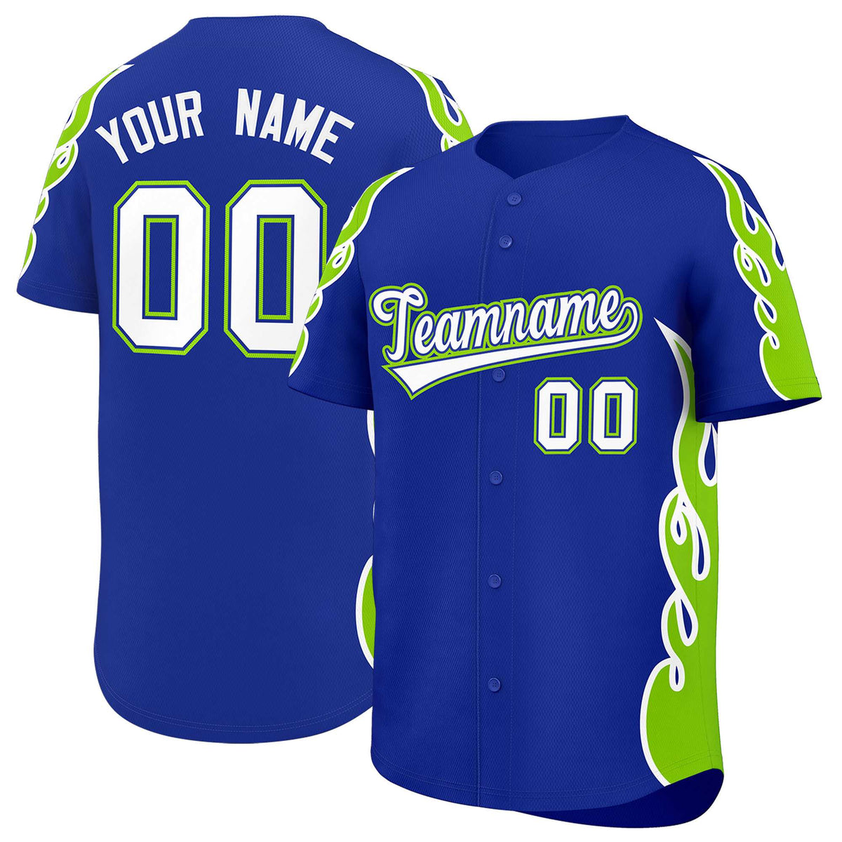 Custom Royal Neon Green Side Flame Outline Pattern Sports Uniform Basetball Jersey