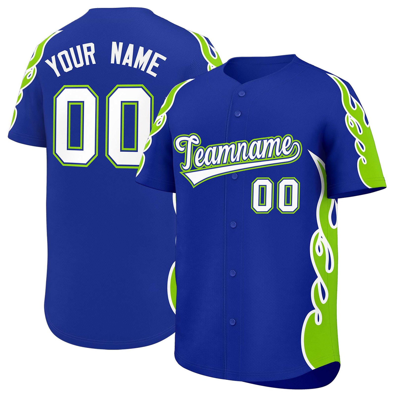 Custom Royal Neon Green Side Flame Outline Pattern Sports Uniform Basetball Jersey