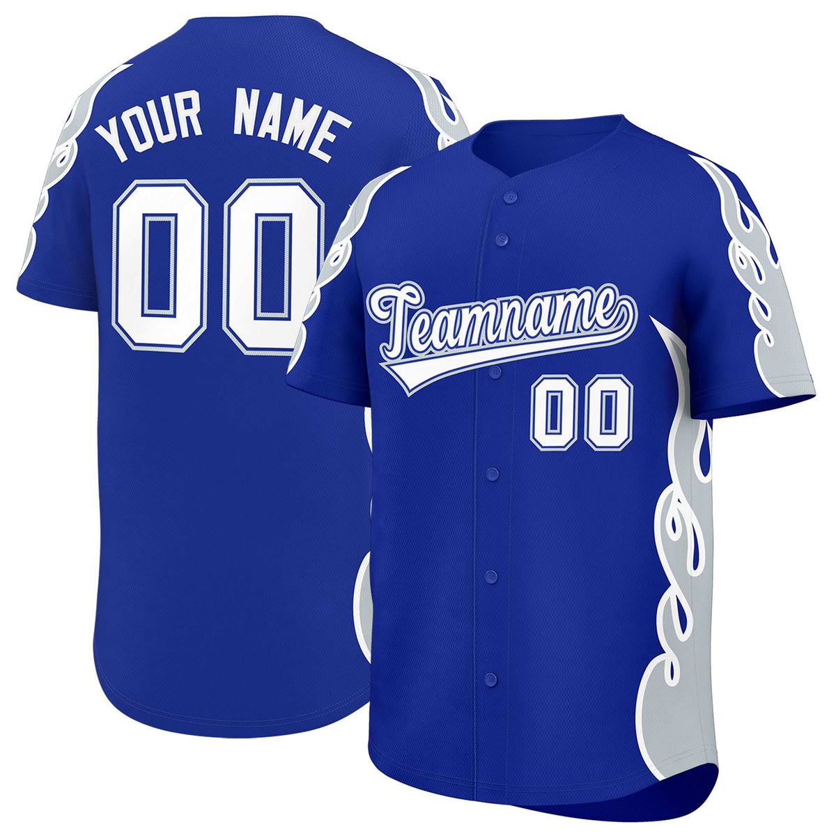 Custom Royal Silver Side Flame Outline Pattern Sports Uniform Basetball Jersey