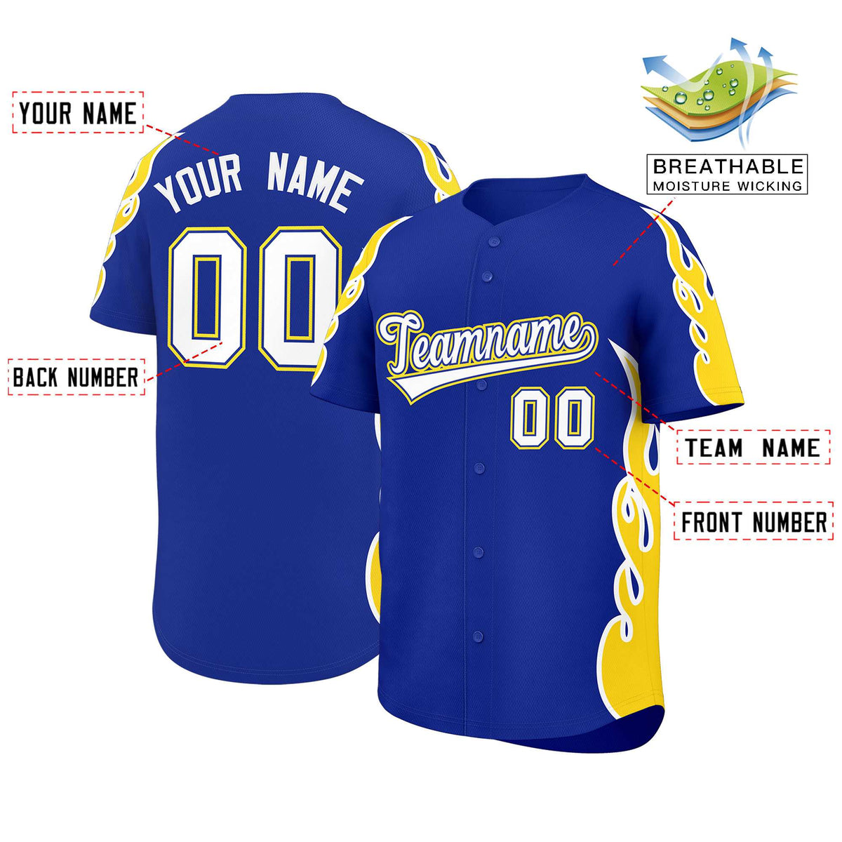 Custom Royal Gold Side Flame Outline Pattern Sports Uniform Basetball Jersey