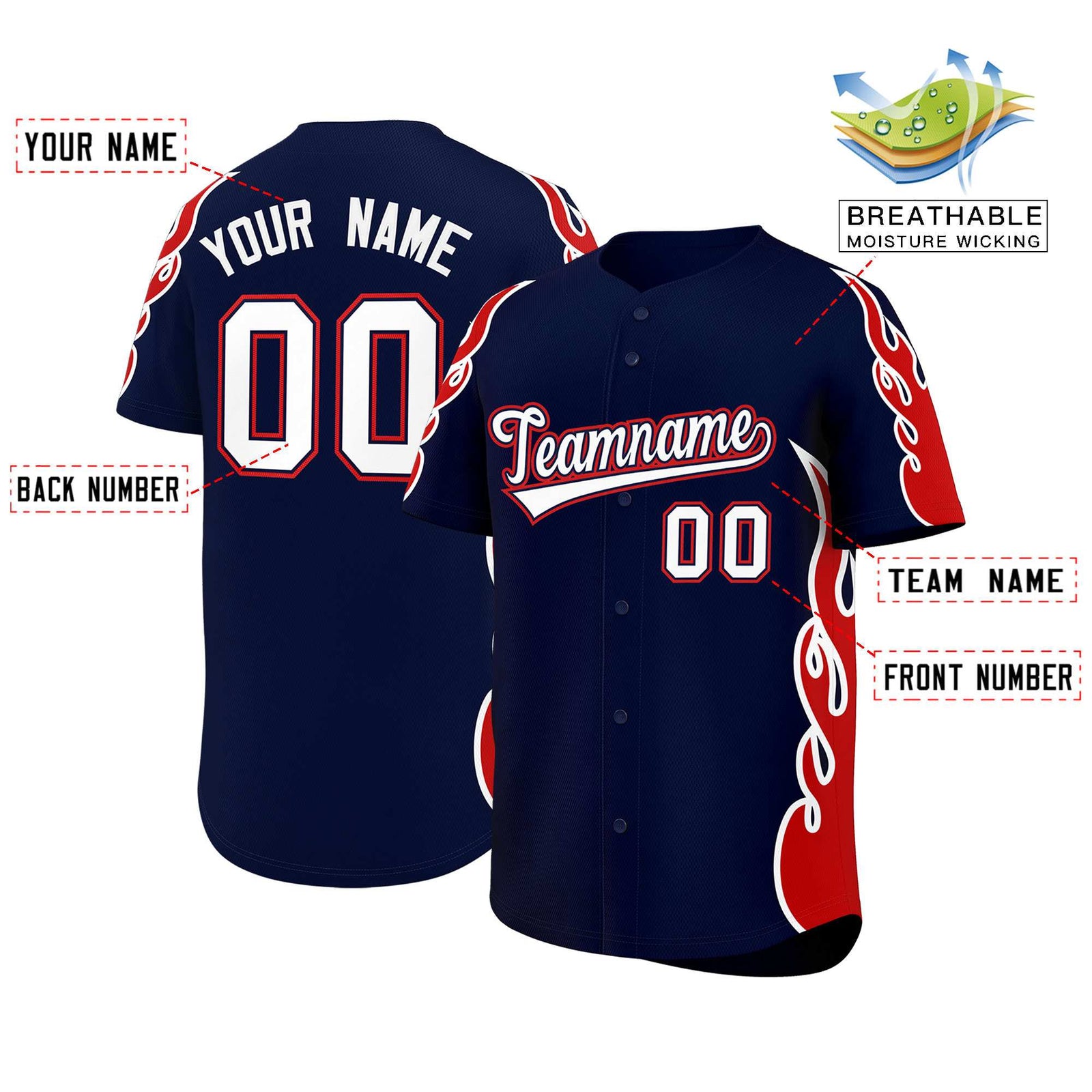 Custom Navy Red Side Flame Outline Pattern Sports Uniform Basetball Jersey