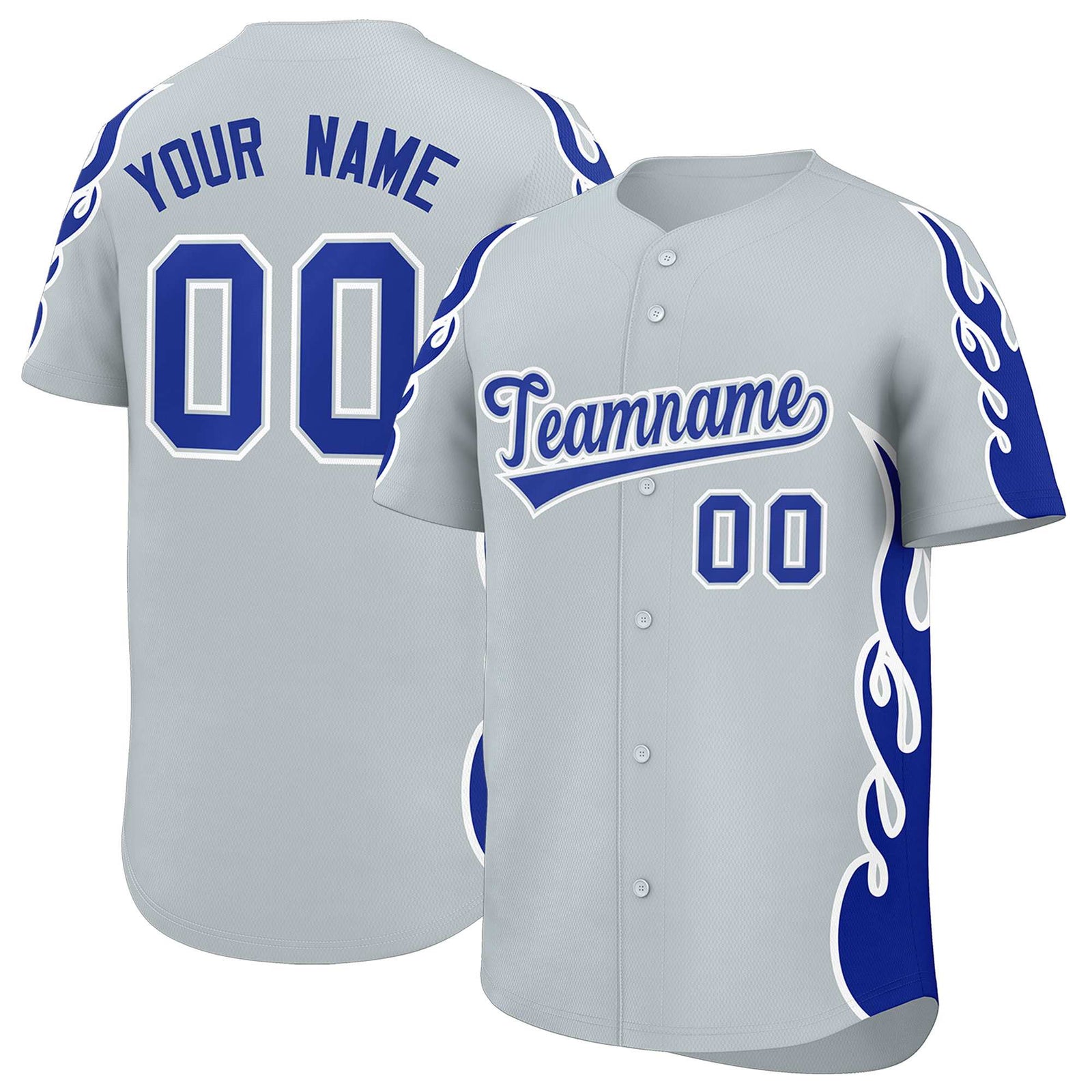 Custom Silver Royal Side Flame Outline Pattern Sports Uniform Basetball Jersey