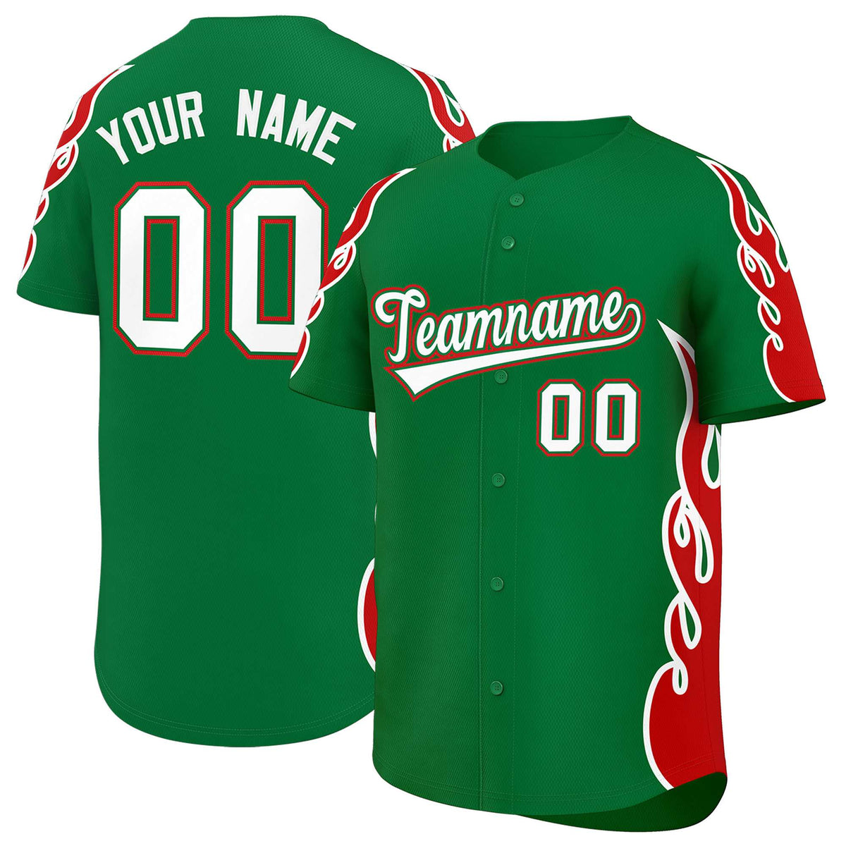 Custom Kelly Green Red Side Flame Outline Pattern Sports Uniform Basetball Jersey