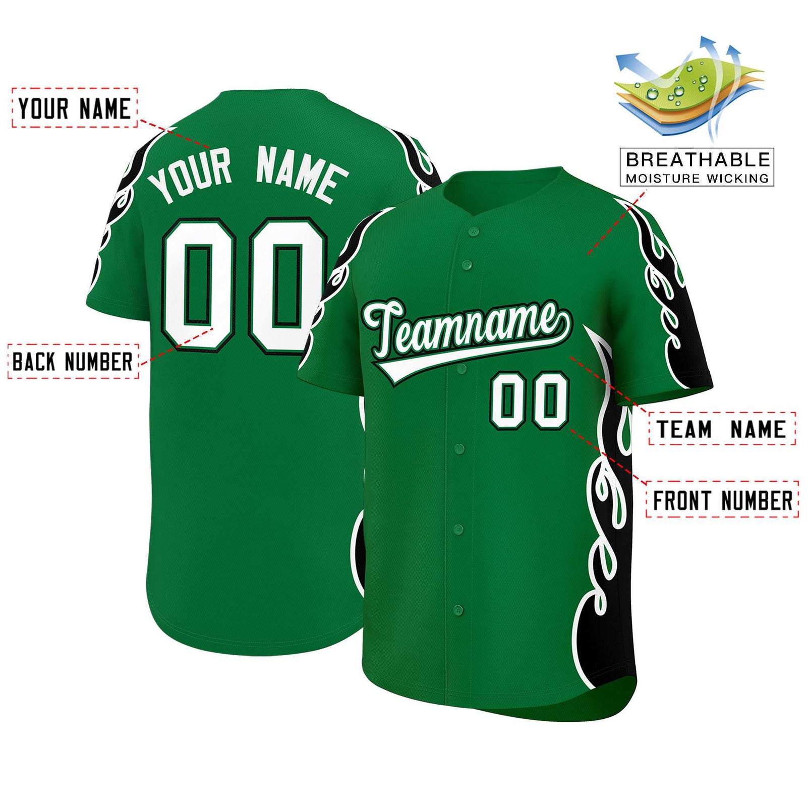 Custom Kelly Green Black Side Flame Outline Pattern Sports Uniform Basetball Jersey