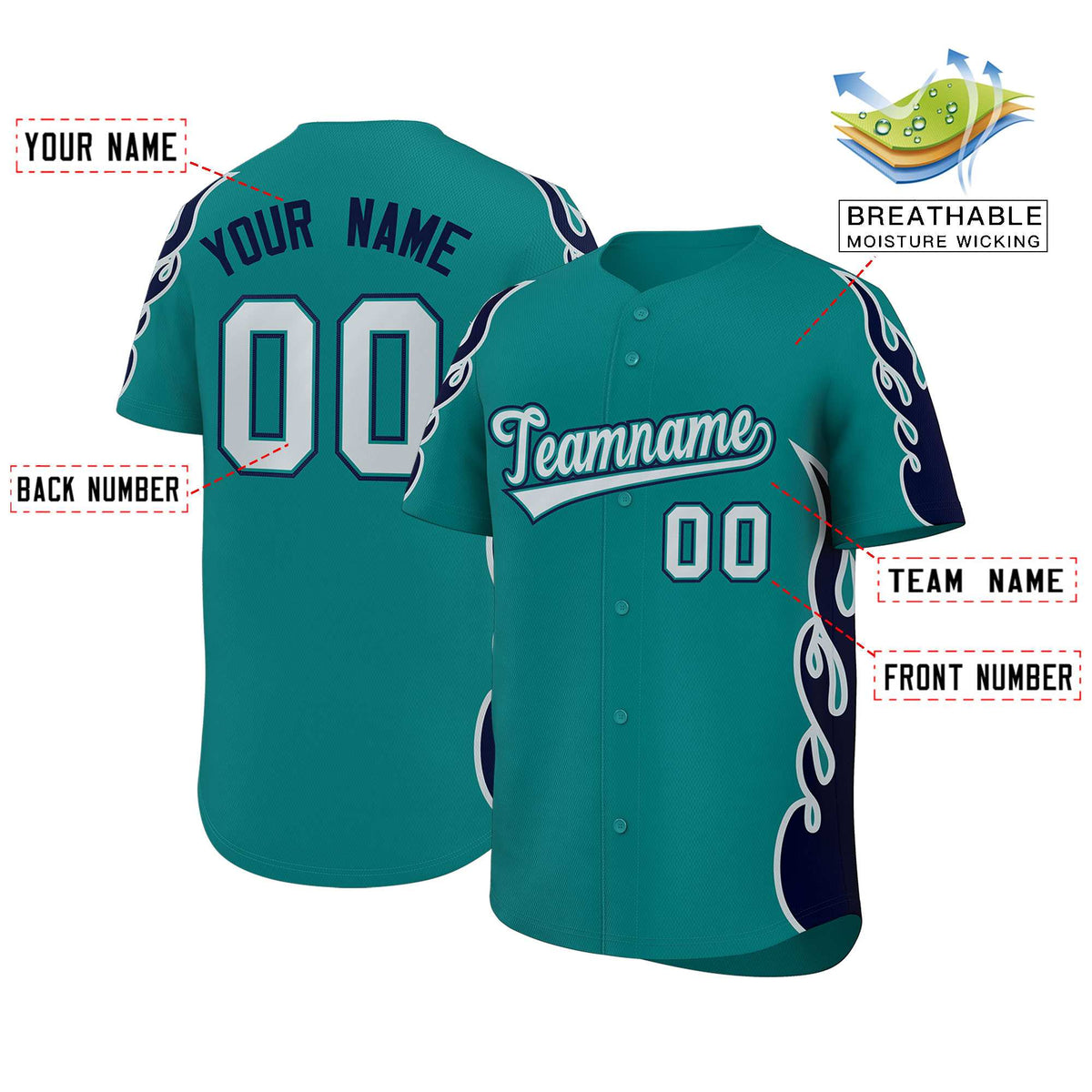 Custom Teal Navy Side Flame Outline Pattern Sports Uniform Basetball Jersey