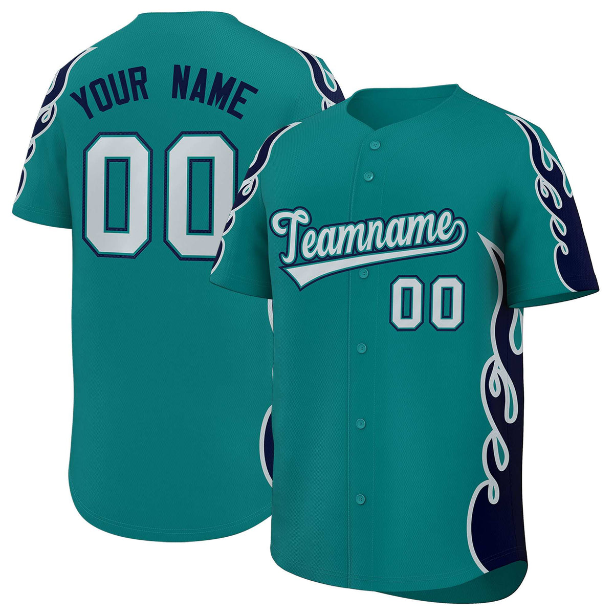 Custom Teal Navy Side Flame Outline Pattern Sports Uniform Basetball Jersey