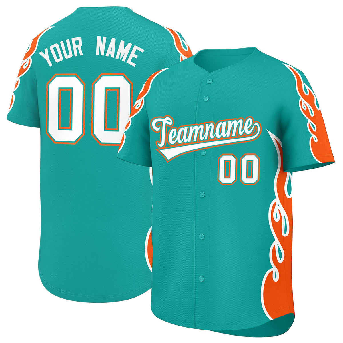 Custom Aqua Orange Side Flame Outline Pattern Sports Uniform Basetball Jersey