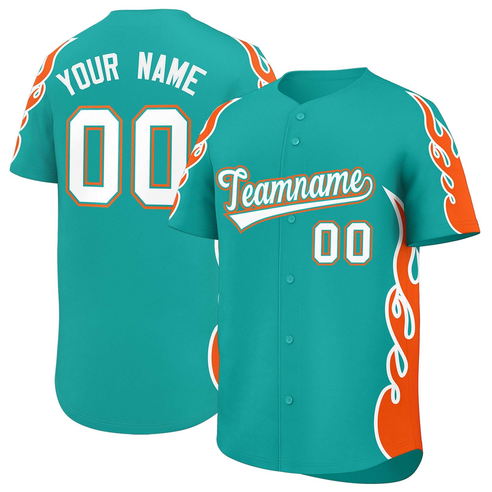Custom Aqua Orange Side Flame Outline Pattern Sports Uniform Basetball Jersey