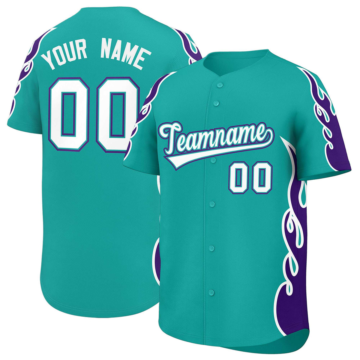 Custom Aqua Purple Side Flame Outline Pattern Sports Uniform Basetball Jersey