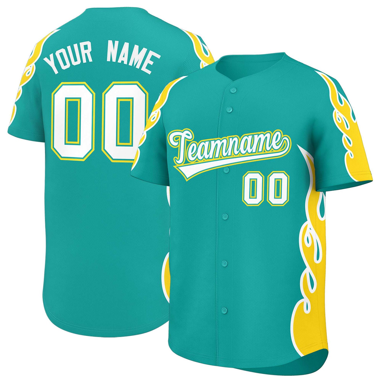 Custom Aqua Gold Side Flame Outline Pattern Sports Uniform Basetball Jersey