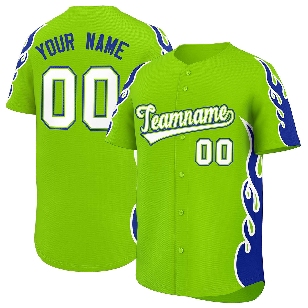 Custom Neon Green Royal Side Flame Outline Pattern Sports Uniform Basetball Jersey