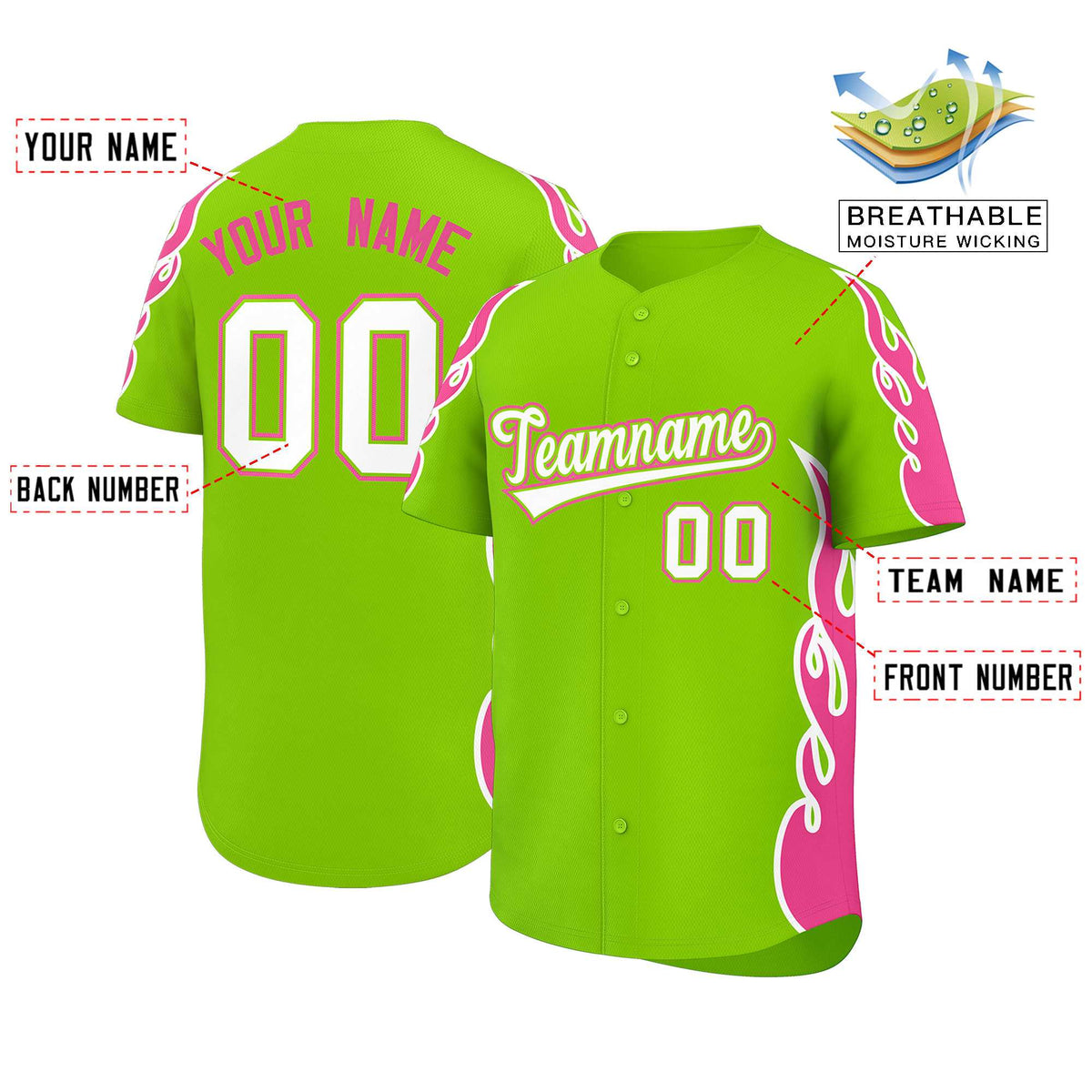 Custom Neon Green Pink Side Flame Outline Pattern Sports Uniform Basetball Jersey