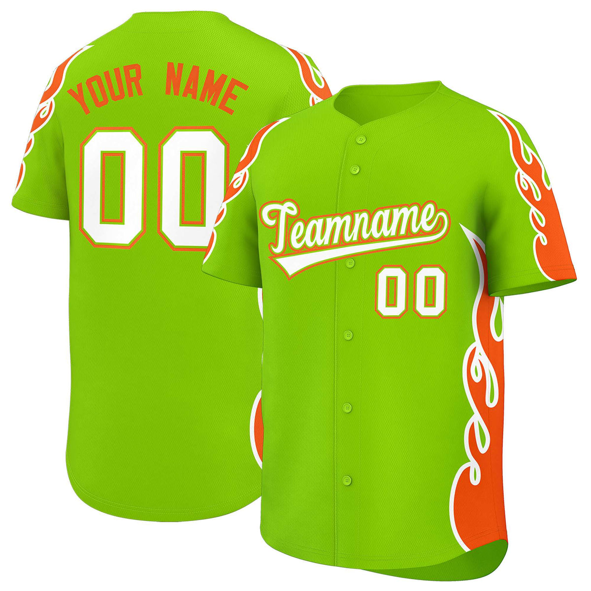 Custom Neon Green Orange Side Flame Outline Pattern Sports Uniform Basetball Jersey