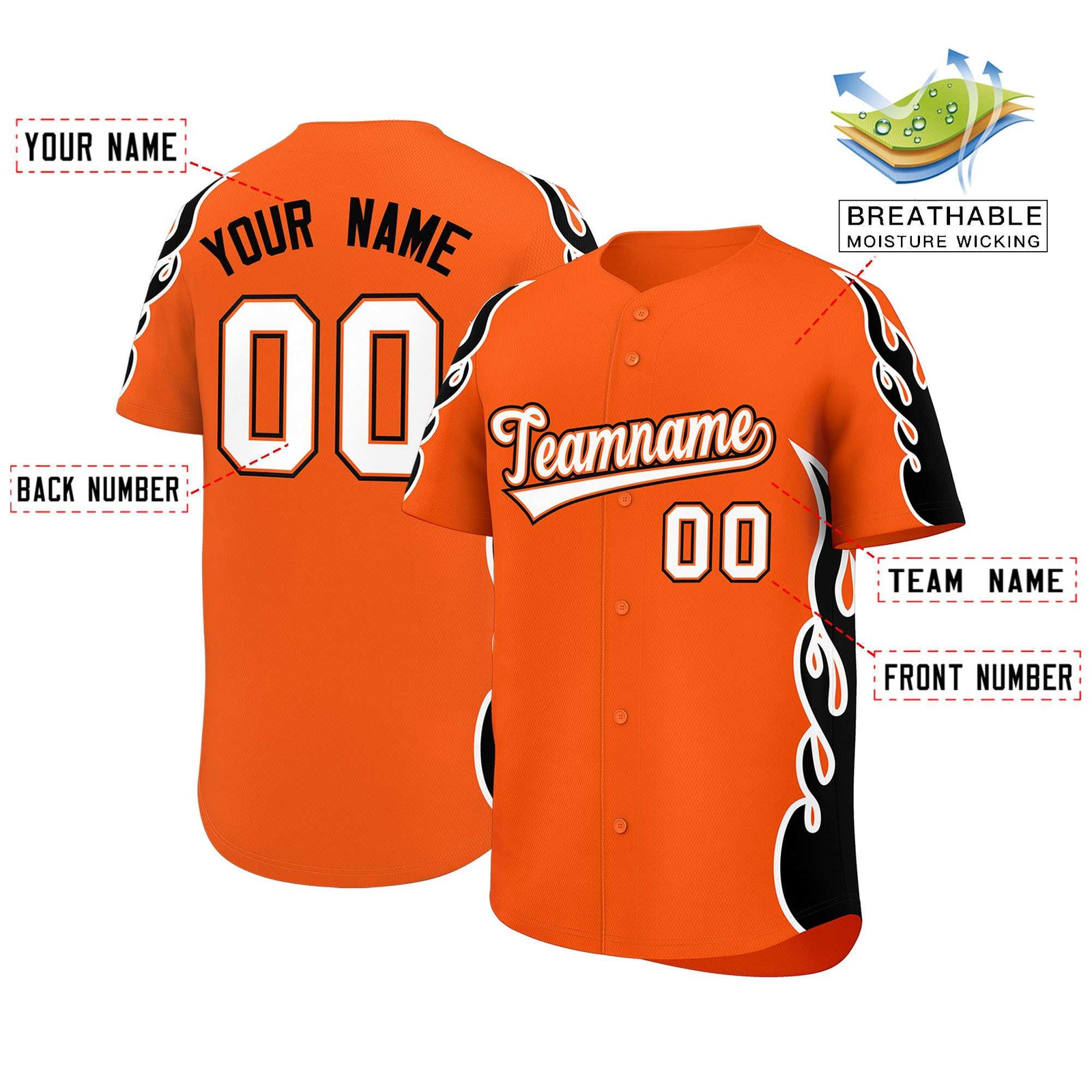 Custom Orange Black Side Flame Outline Pattern Sports Uniform Basetball Jersey
