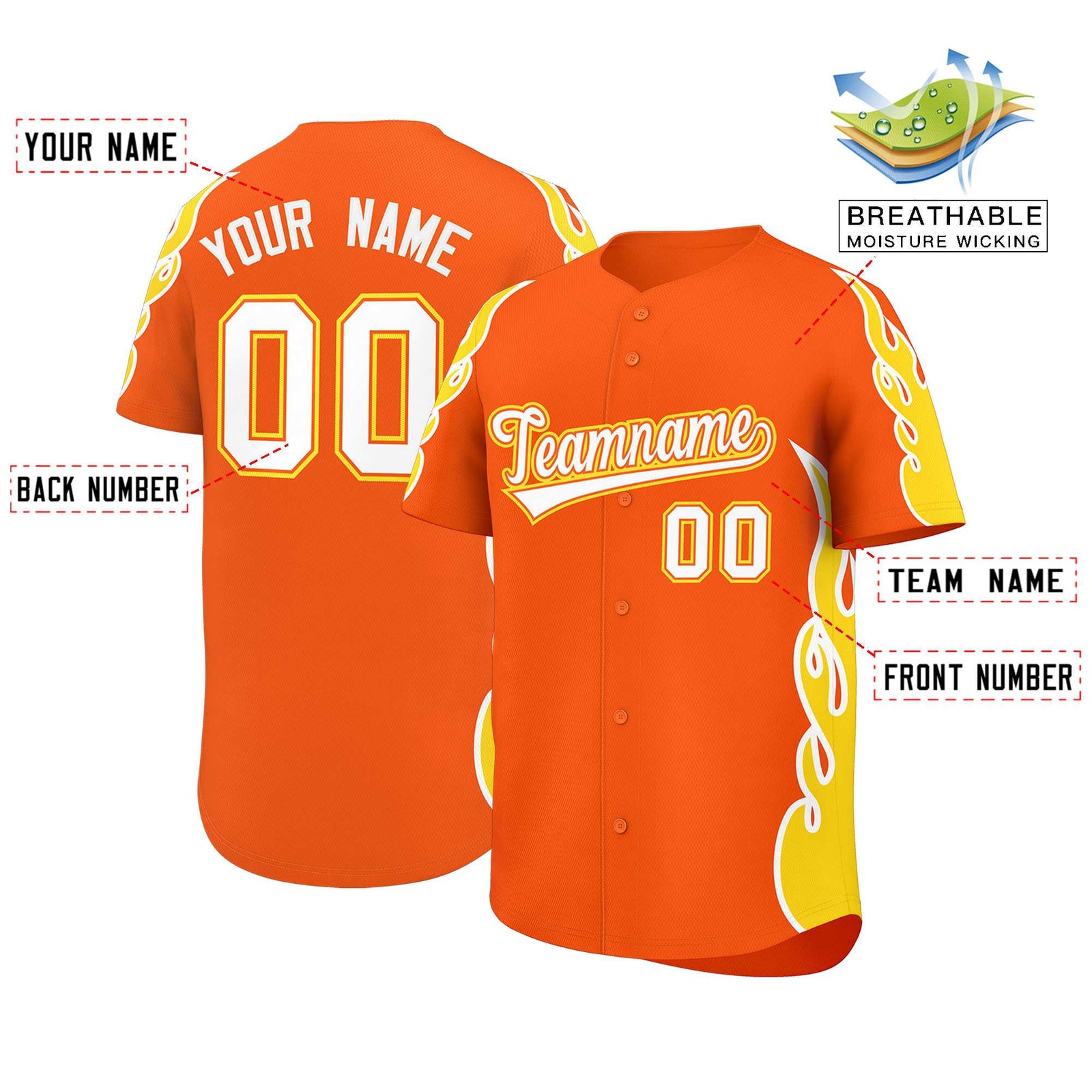 Custom Orange Gold Side Flame Outline Pattern Sports Uniform Basetball Jersey