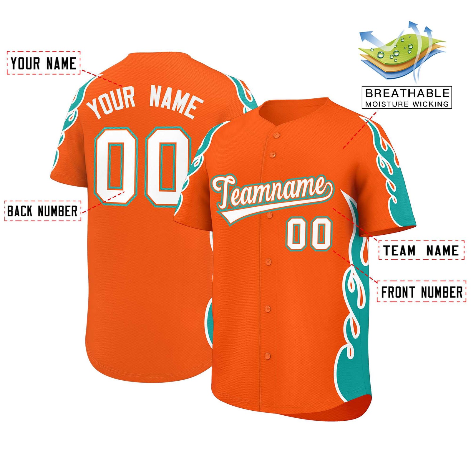 Custom Orange Aqua Side Flame Outline Pattern Sports Uniform Basetball Jersey