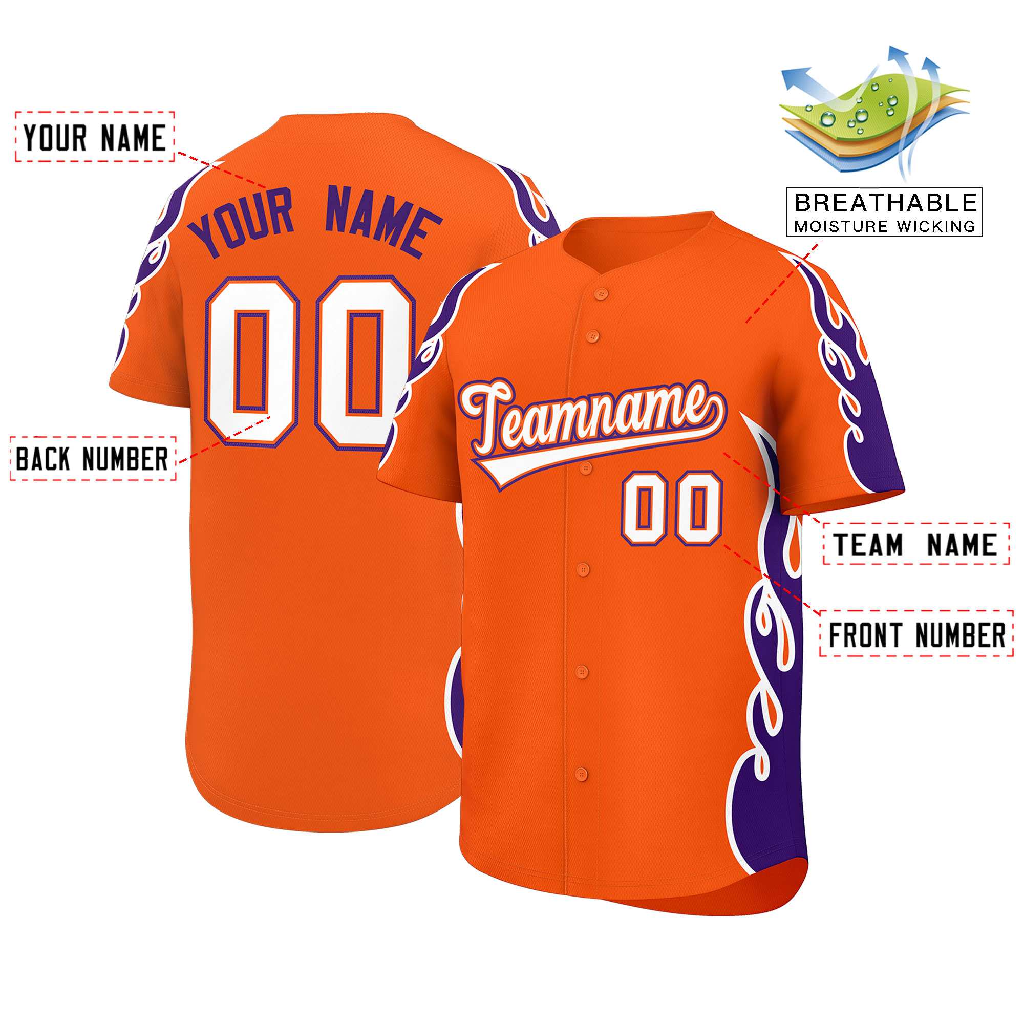 Custom Orange Purple Side Flame Outline Pattern Sports Uniform Basetball Jersey