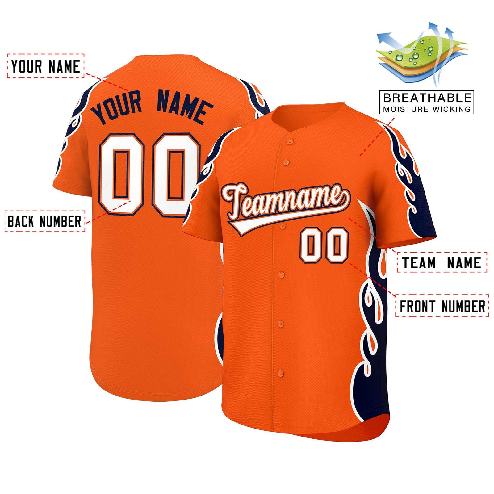 Custom Orange Navy Side Flame Outline Pattern Sports Uniform Basetball Jersey