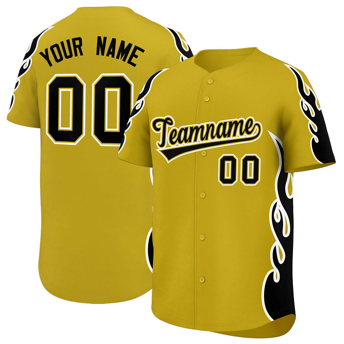 Custom Old Gold Black Side Flame Outline Pattern Sports Uniform Basetball Jersey
