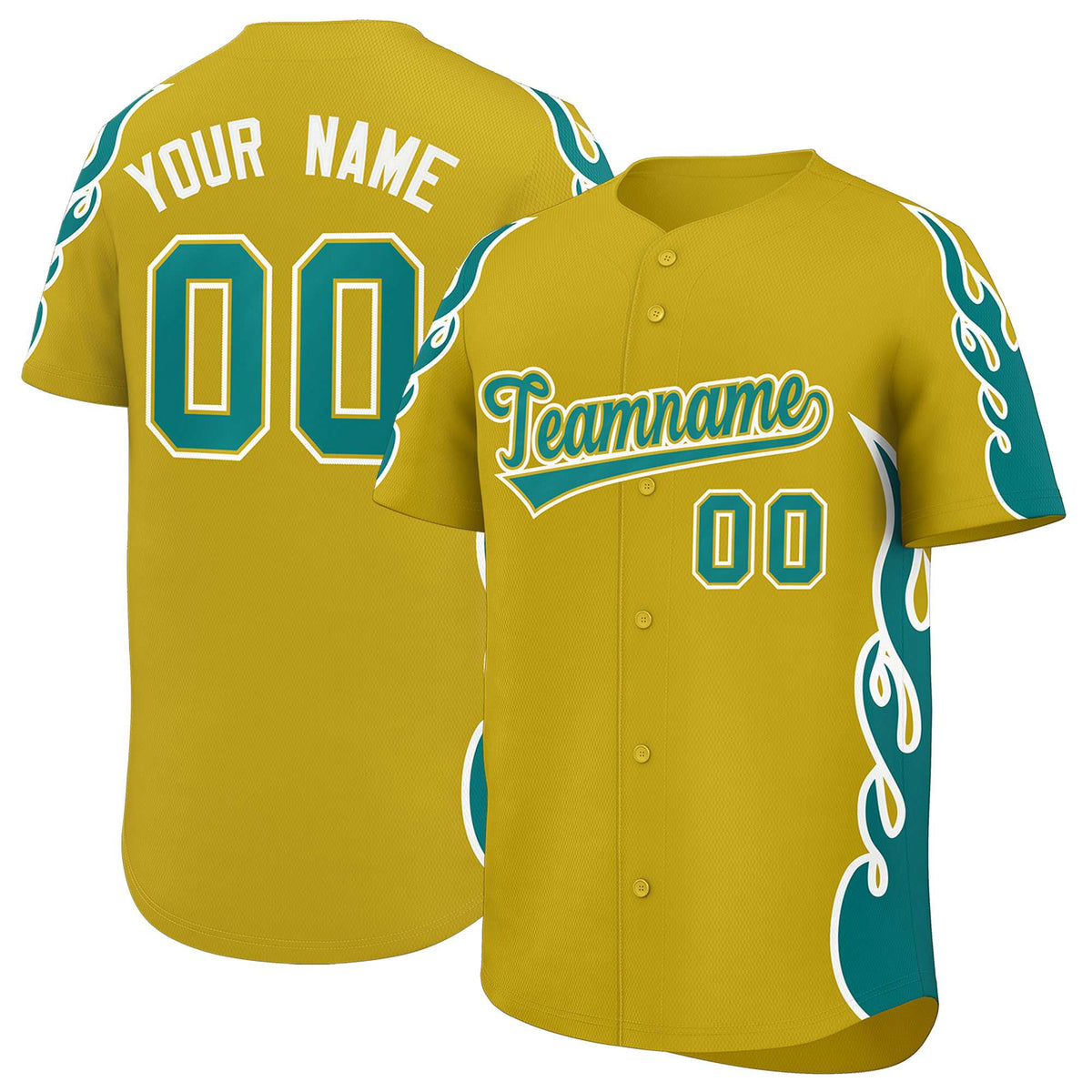 Custom Old Gold Teal Side Flame Outline Pattern Sports Uniform Basetball Jersey