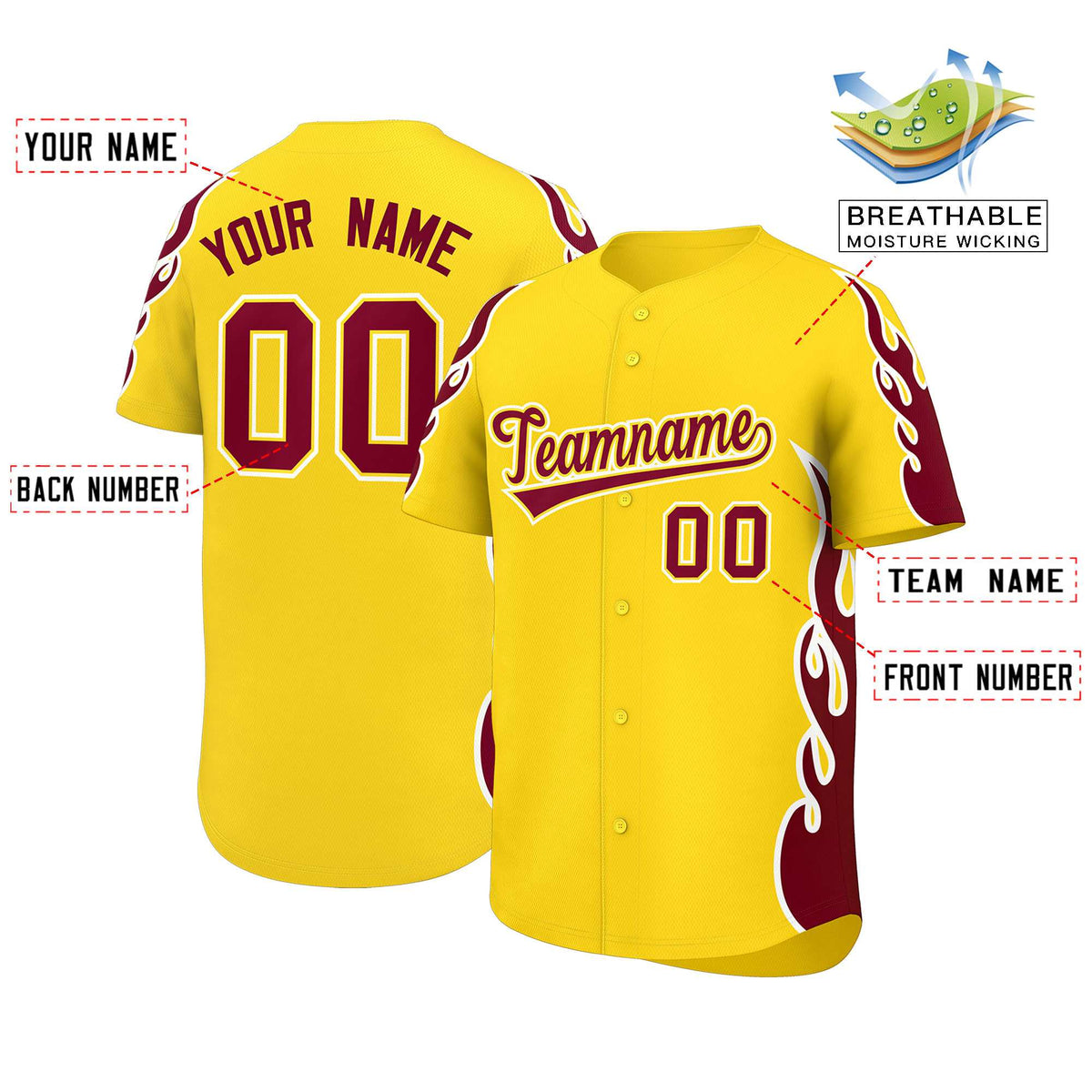 Custom Gold Crimson Side Flame Outline Pattern Sports Uniform Basetball Jersey