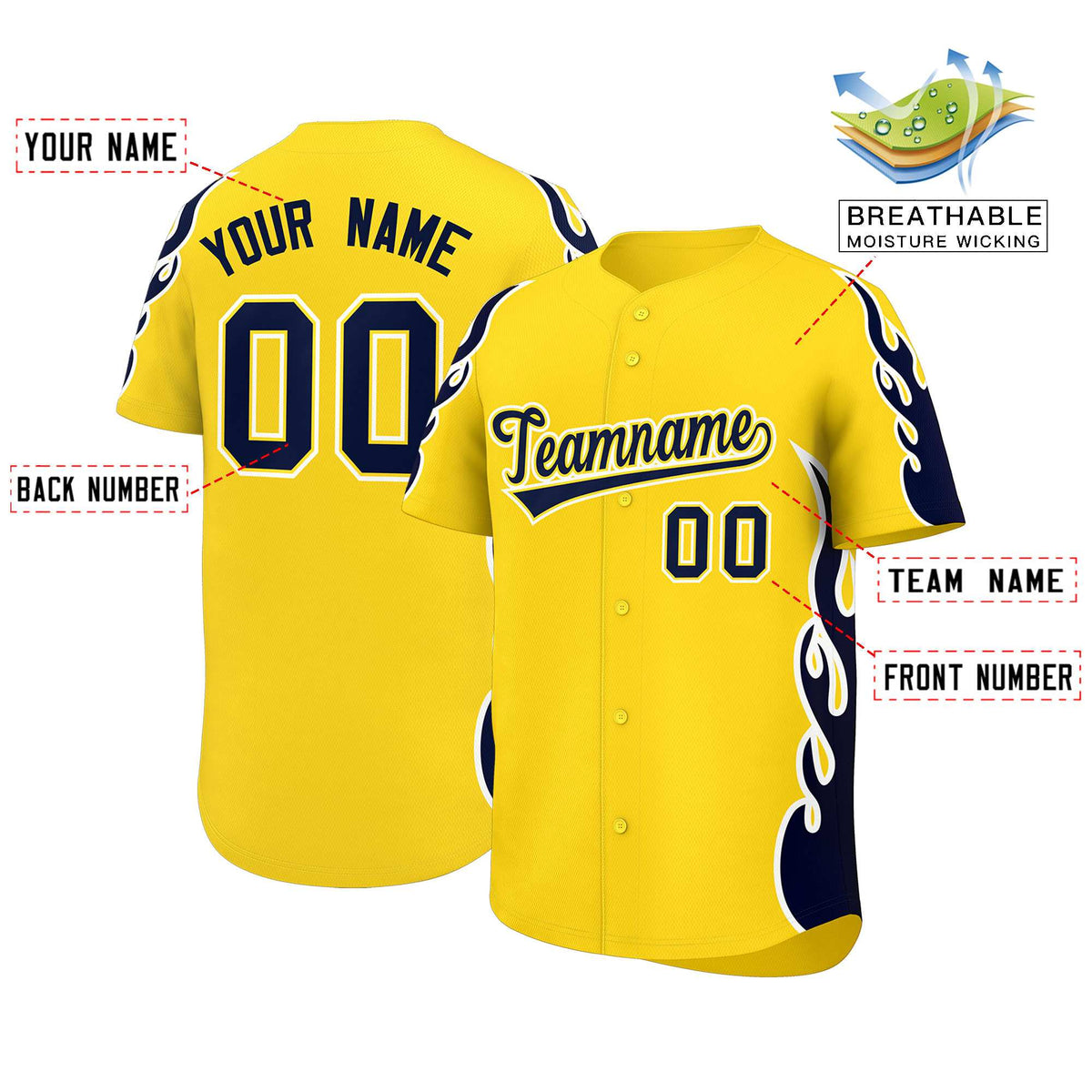 Custom Gold Navy Side Flame Outline Pattern Sports Uniform Basetball Jersey