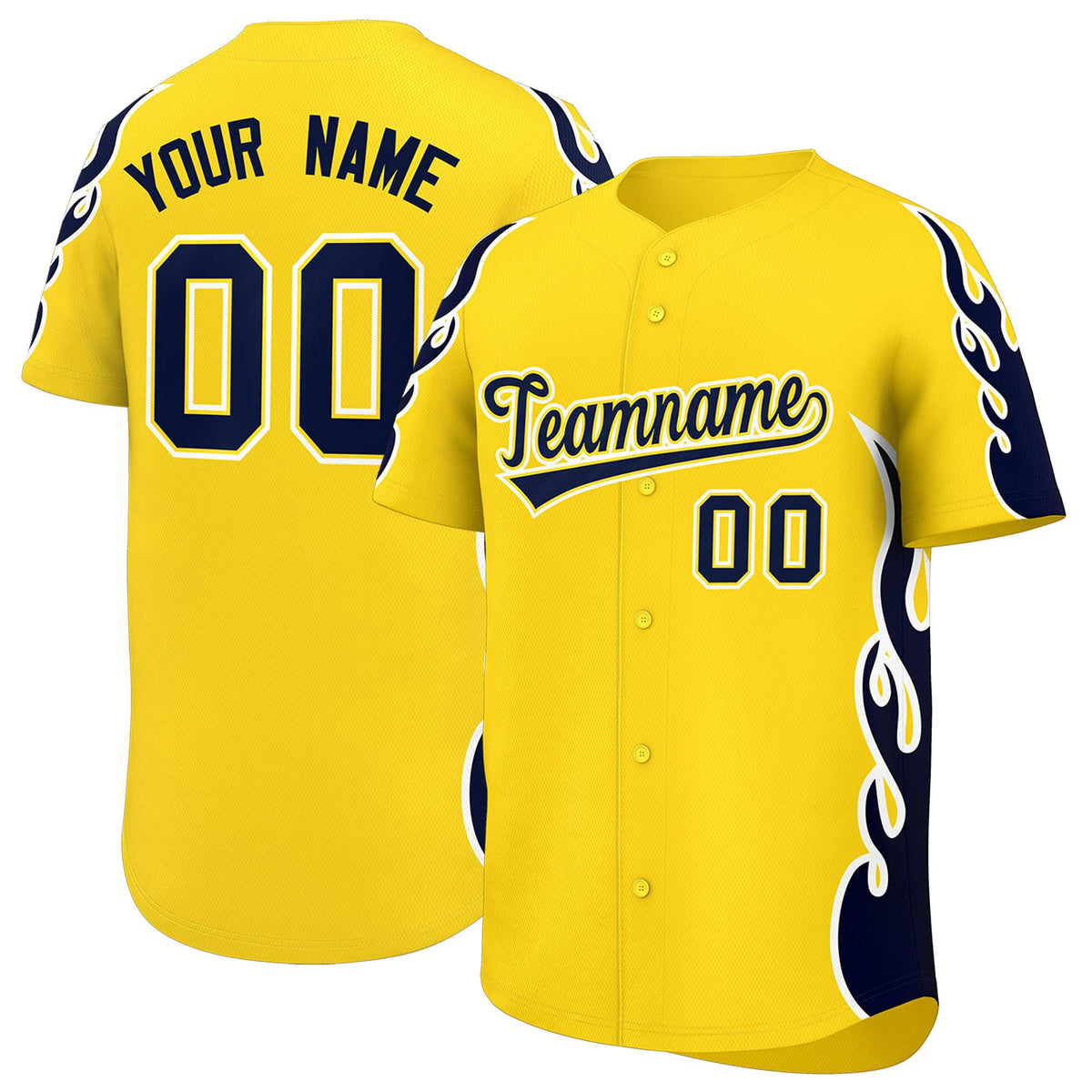 Custom Gold Navy Side Flame Outline Pattern Sports Uniform Basetball Jersey