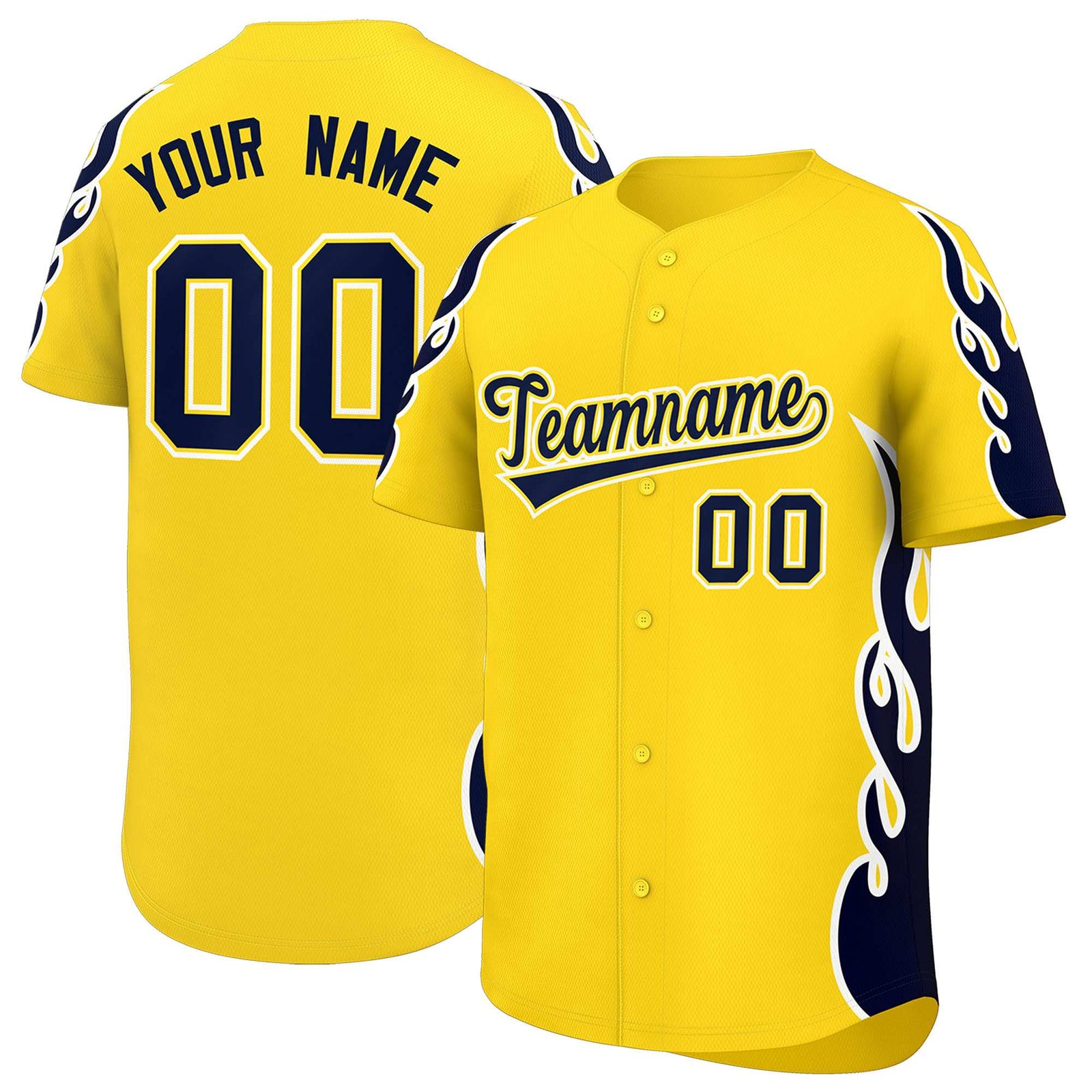 Custom Gold Navy Side Flame Outline Pattern Sports Uniform Basetball Jersey