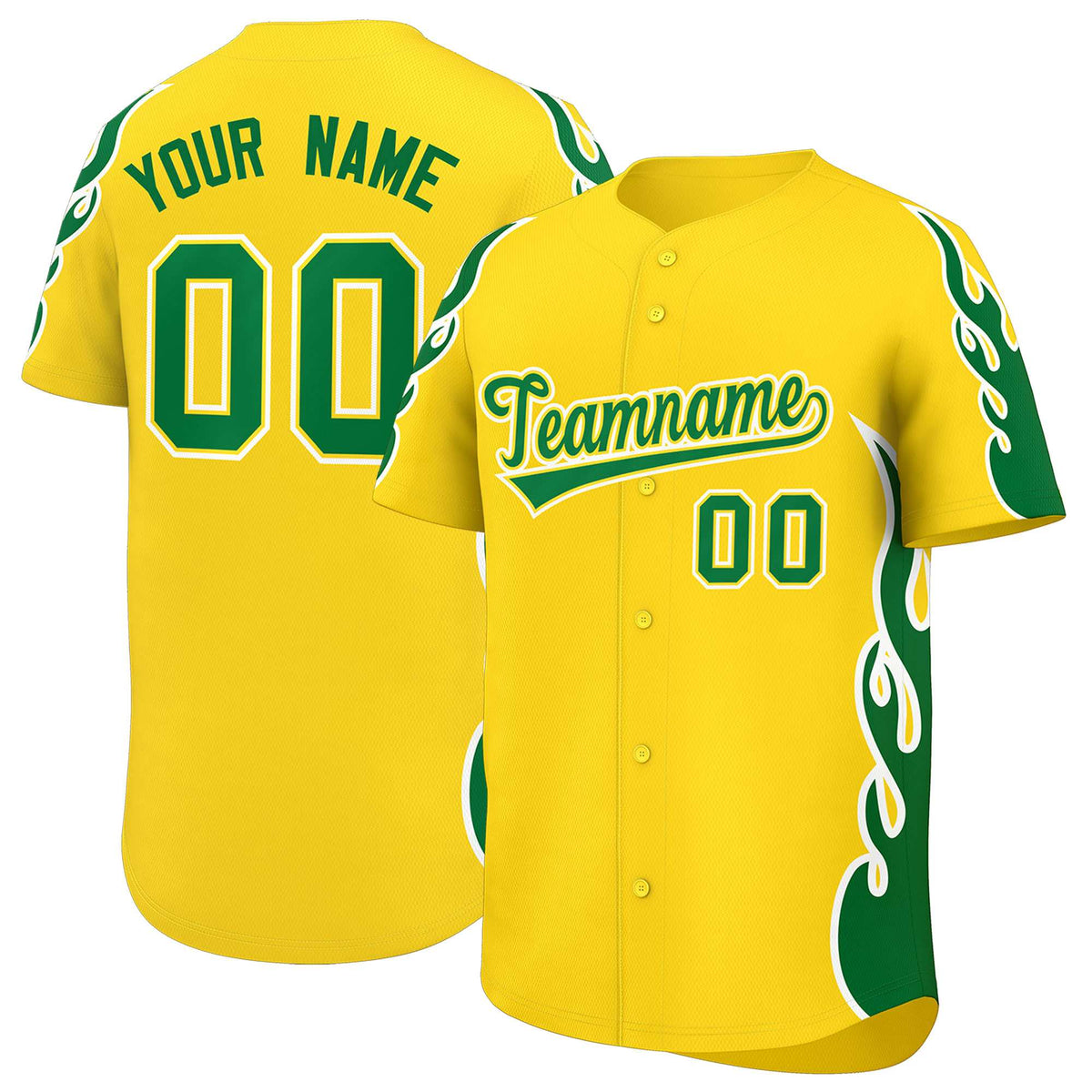 Custom Gold Kelly Green Side Flame Outline Pattern Sports Uniform Basetball Jersey